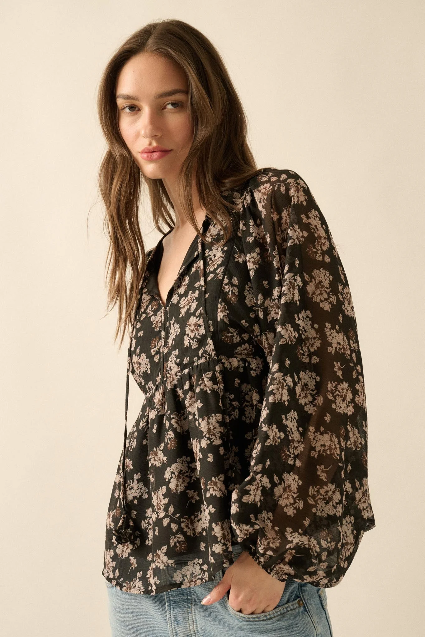 Country Garden Floral Chiffon Babydoll Peasant Top - Image 14