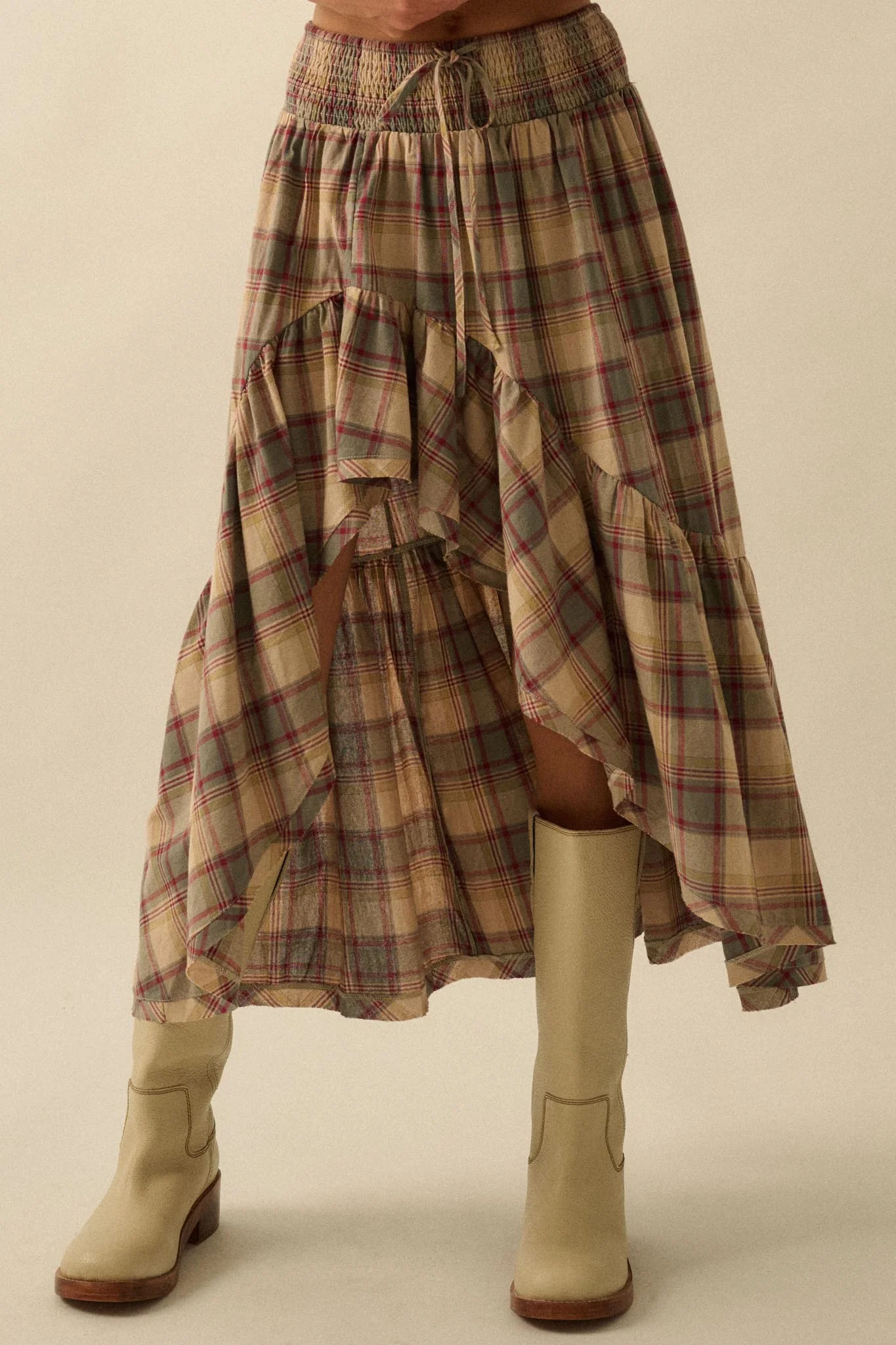 Country Mile Plaid High-Low Ruffle Maxi Skirt - Image 5
