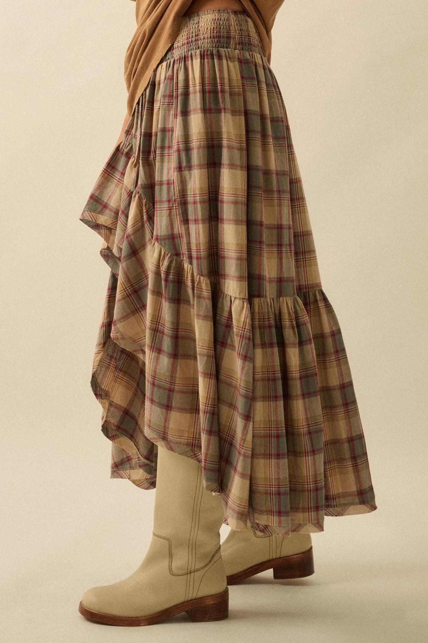 Country Mile Plaid High-Low Ruffle Maxi Skirt - Image 8