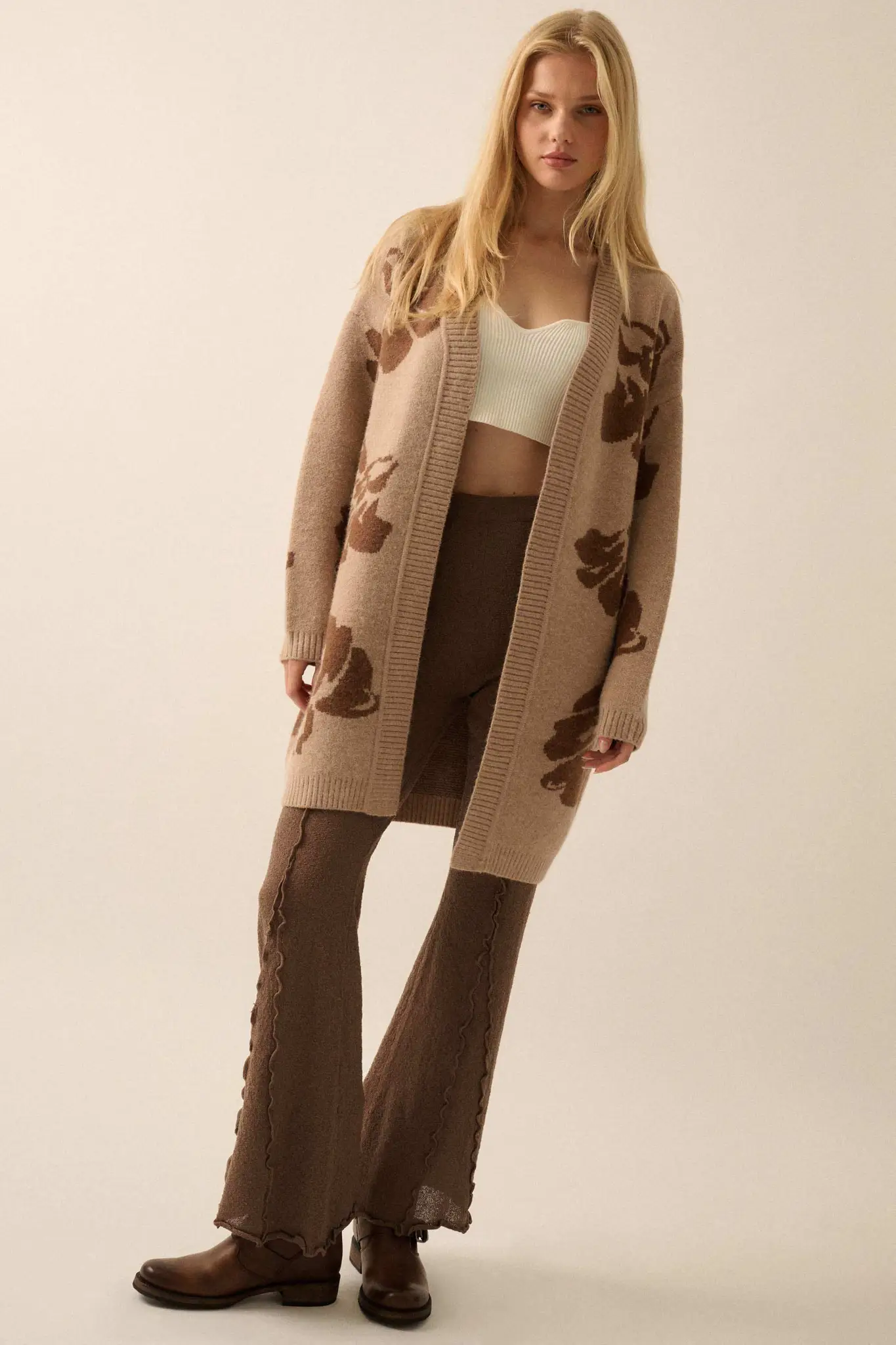 Cozy Blooms Open-Front Floral Jacquard Cardigan - Image 3