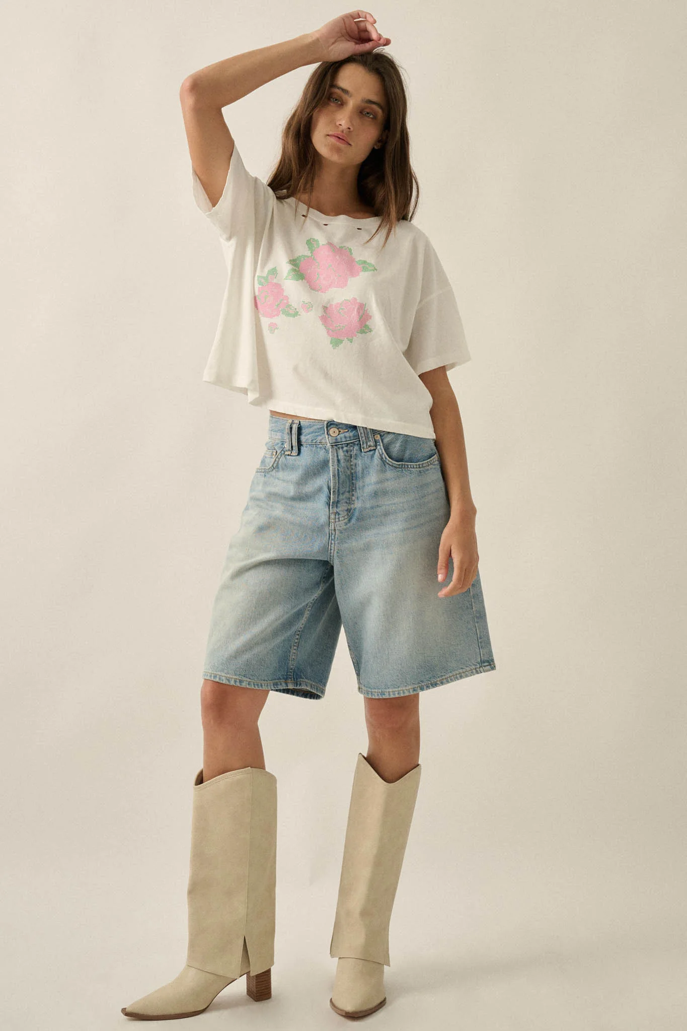 Cross Stitch Roses Distressed Cropped Graphic Tee - Image 3