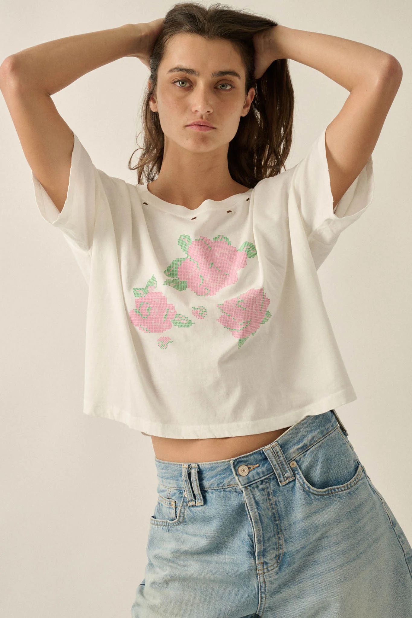 Cross Stitch Roses Distressed Cropped Graphic Tee - Image 4