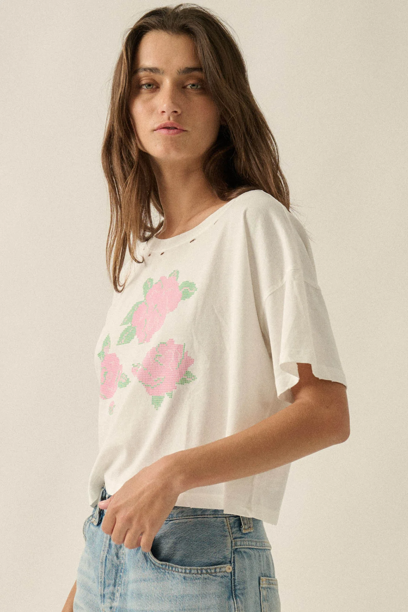 Cross Stitch Roses Distressed Cropped Graphic Tee - Image 5