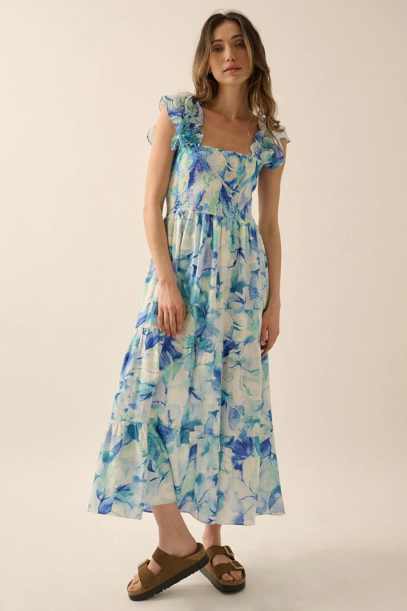 Cyan Blossoms Floral Smocked Ruffle Midi Dress - Image 4