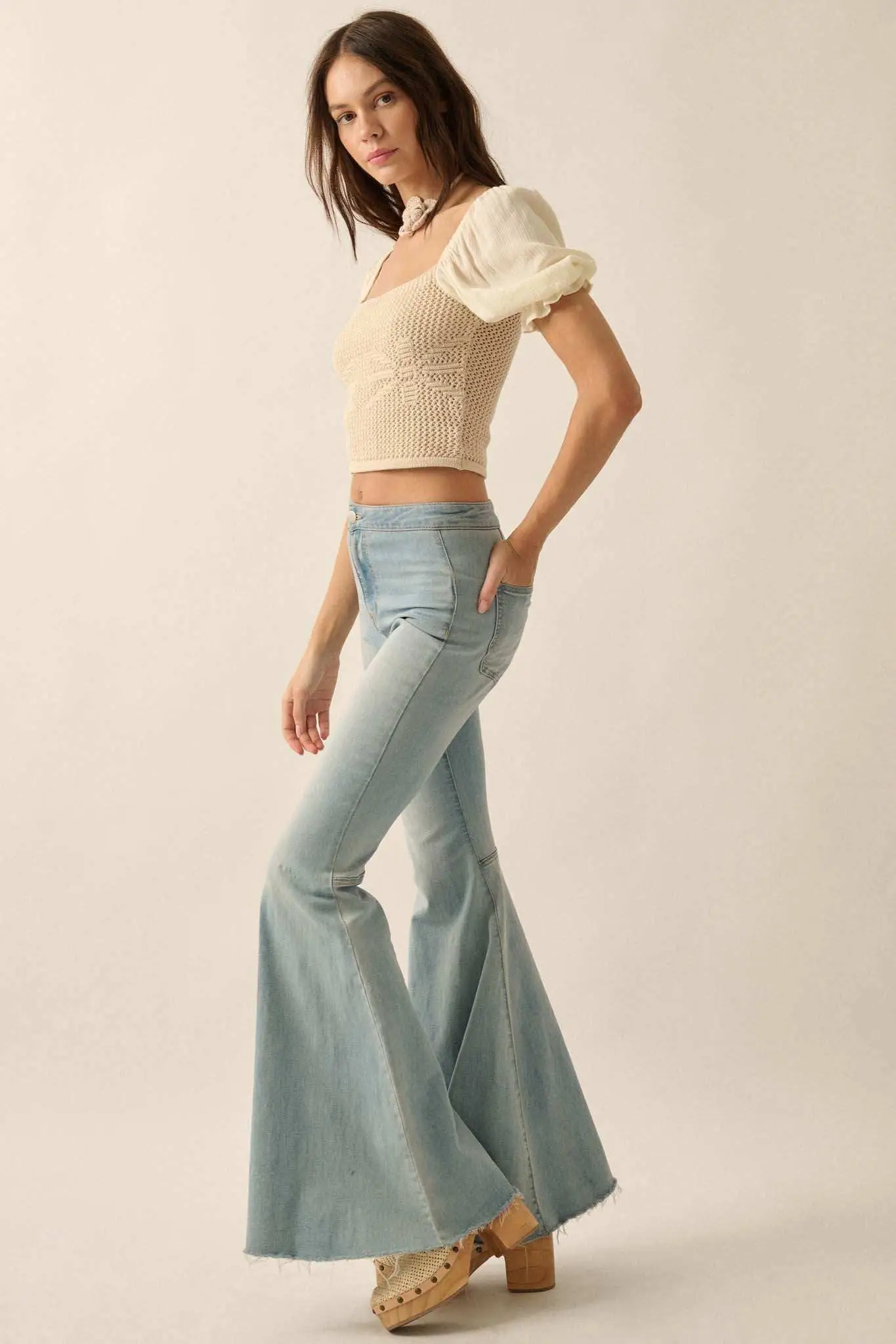 Daisy Daze Floral Crochet Cropped Puff-Sleeve Top - Image 6