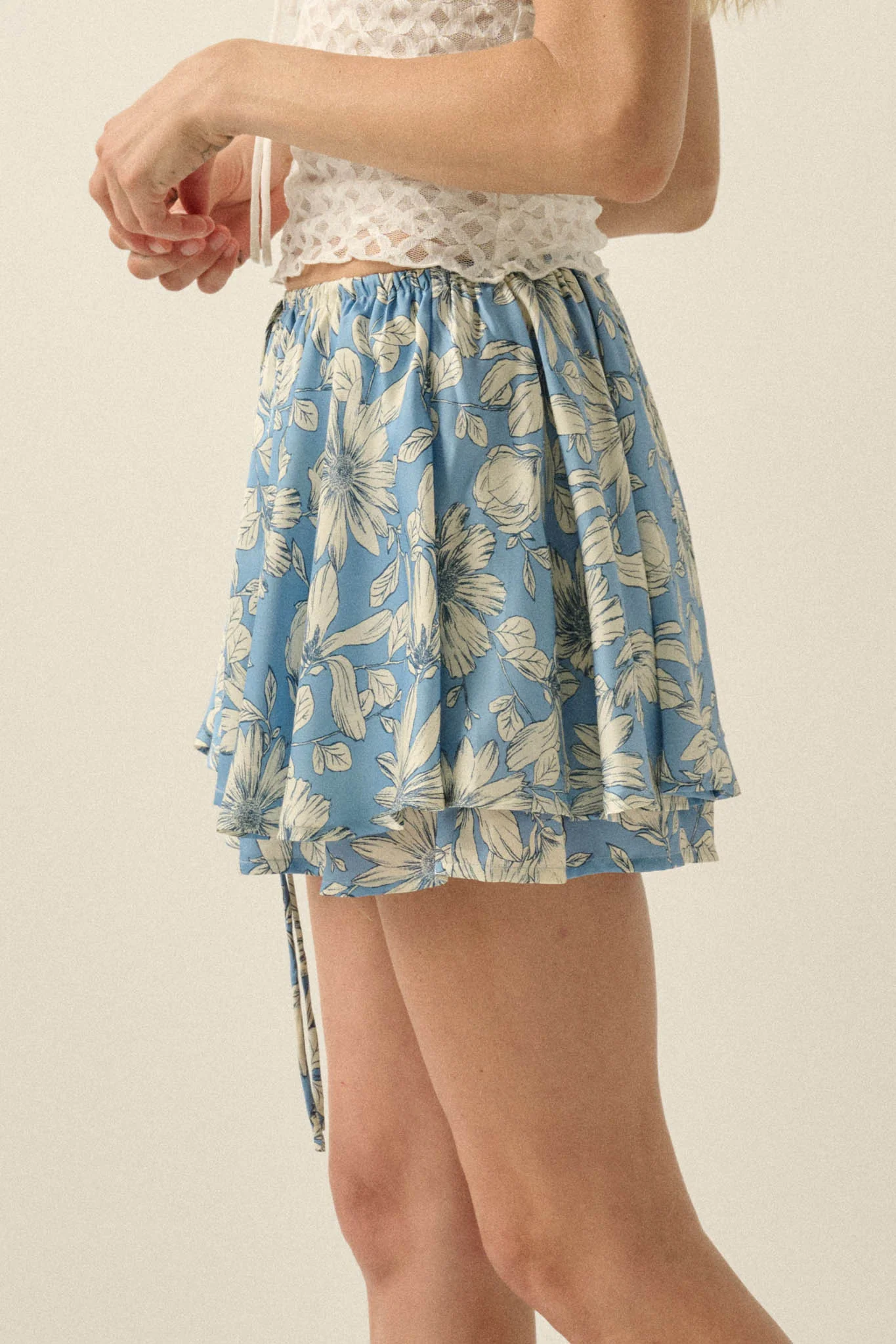 Dancing Daisies Floral Satin Drawstring Mini Skort - Image 12