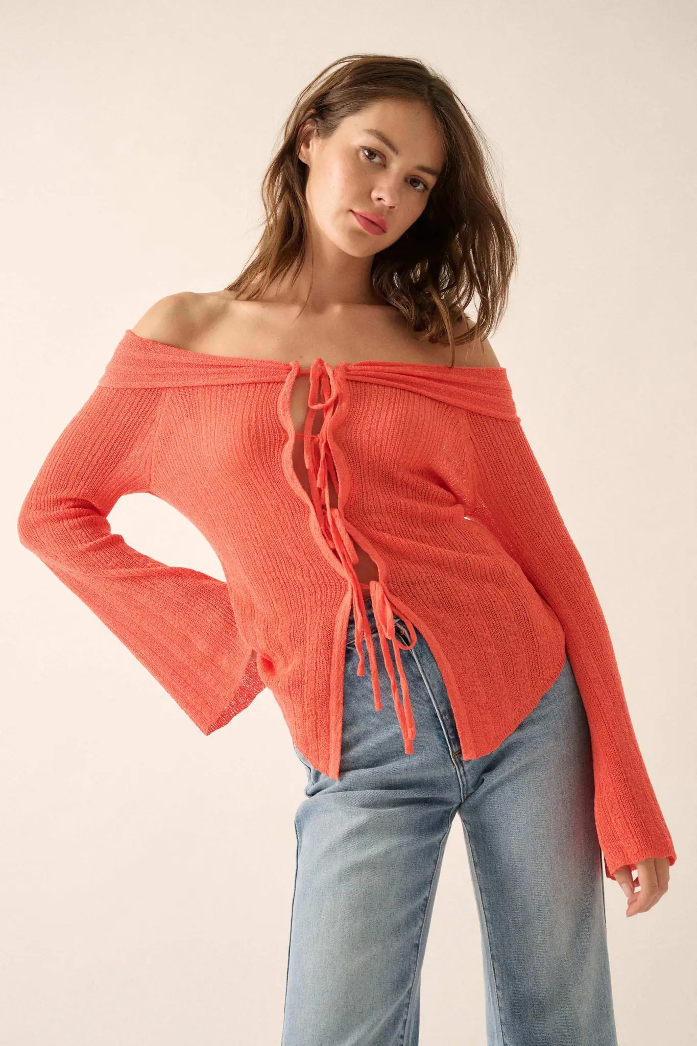 Dear Diary Off-Shoulder Tie-Front Cardigan - Image 11