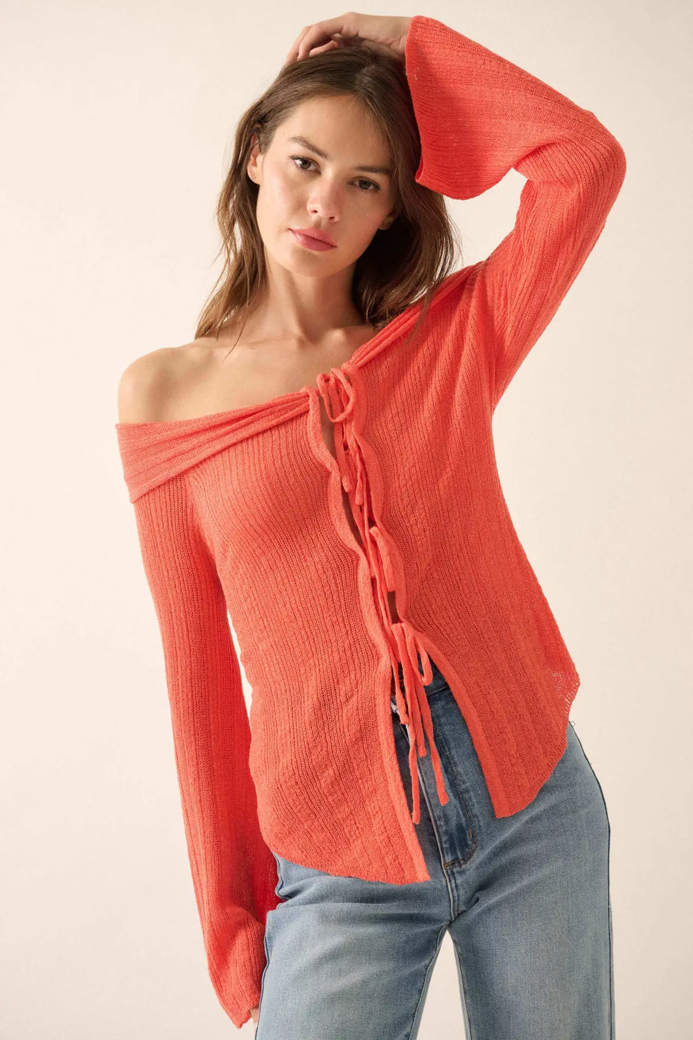 Dear Diary Off-Shoulder Tie-Front Cardigan - Image 13