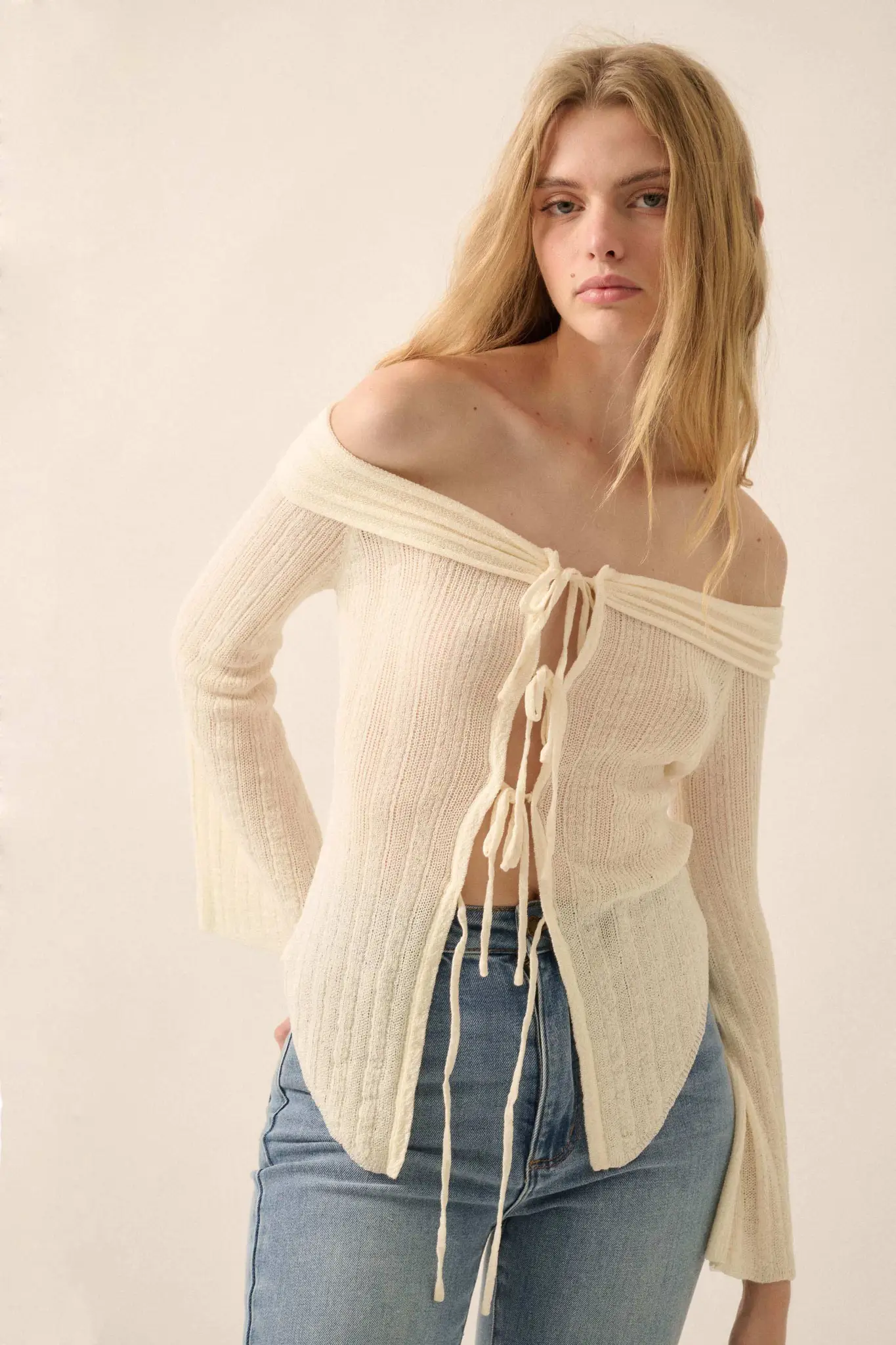 Dear Diary Off-Shoulder Tie-Front Cardigan - Image 4