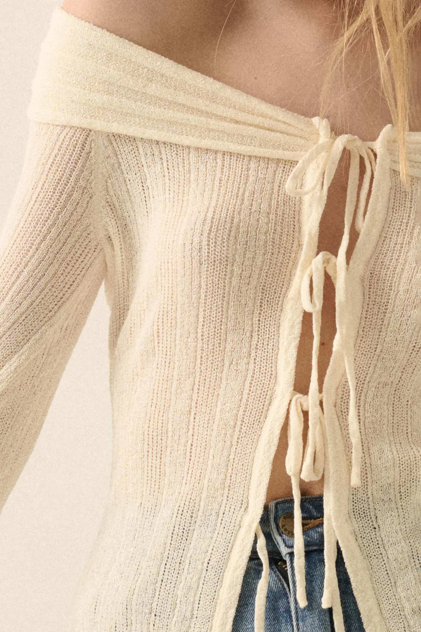 Dear Diary Off-Shoulder Tie-Front Cardigan - Image 5