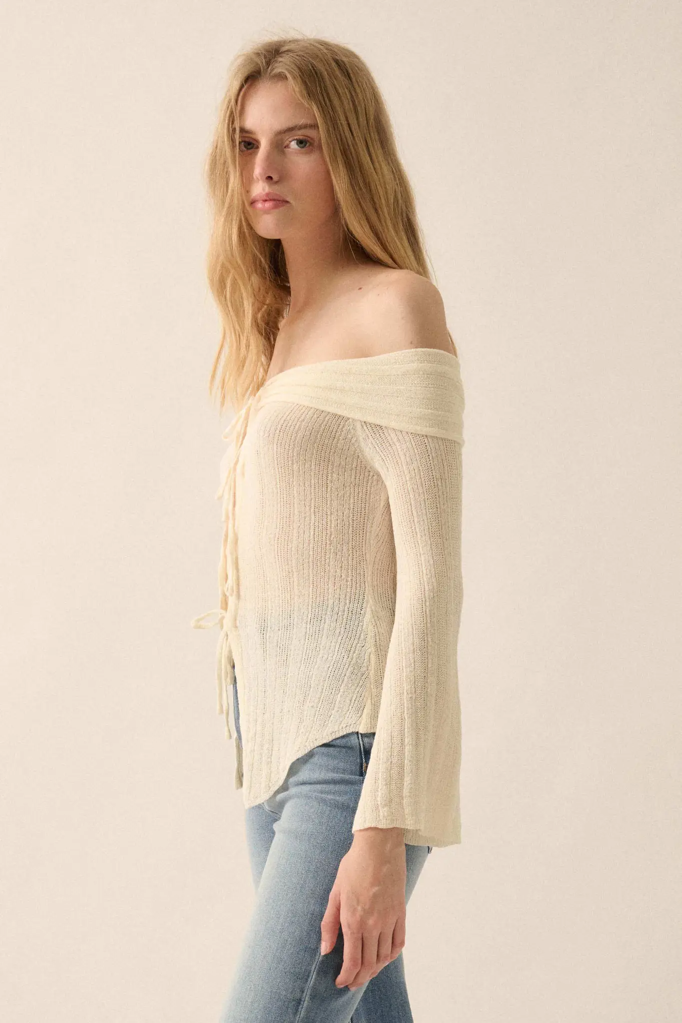 Dear Diary Off-Shoulder Tie-Front Cardigan - Image 8