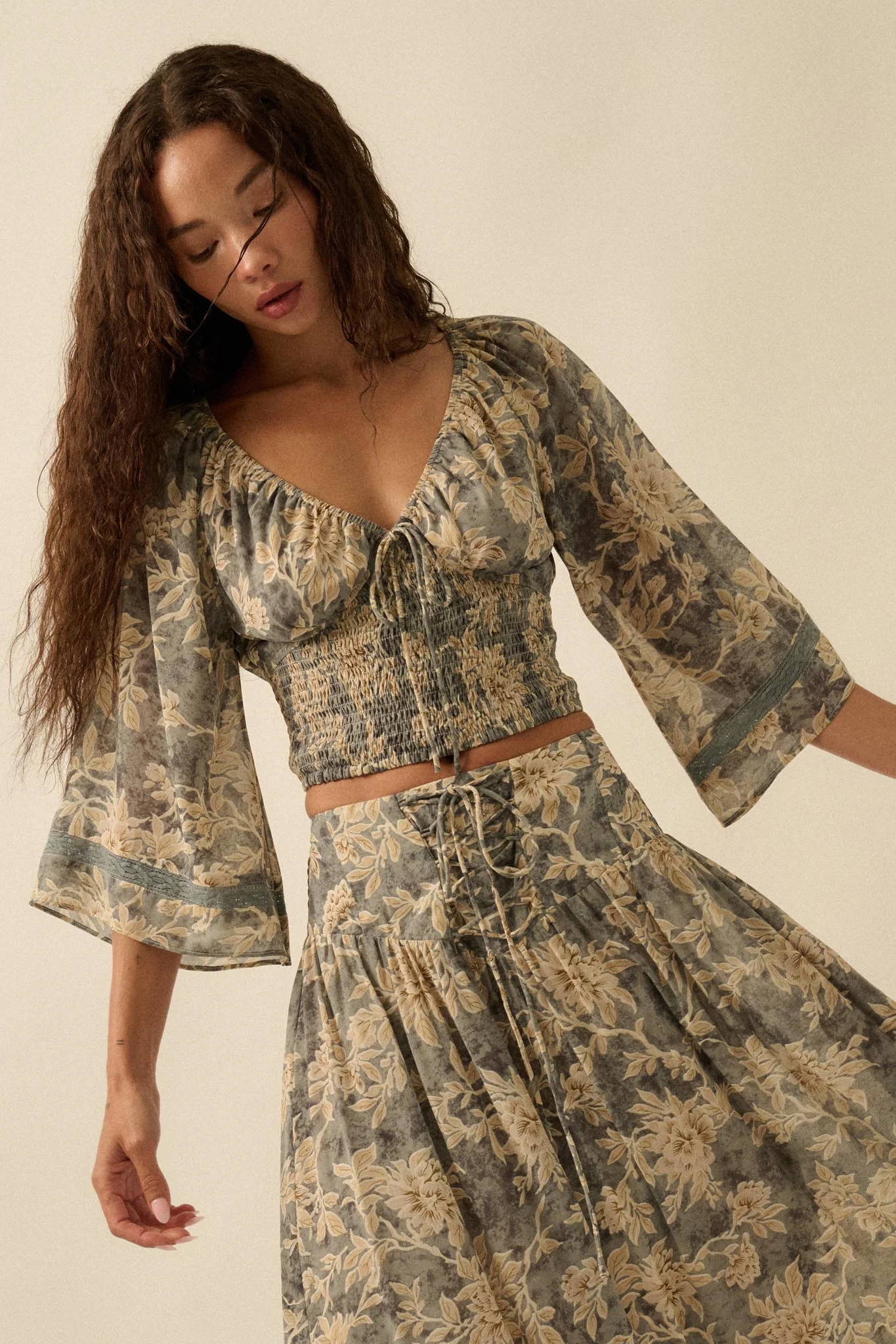 Dearest Love Floral Chiffon Cropped Peasant Top - Image 4
