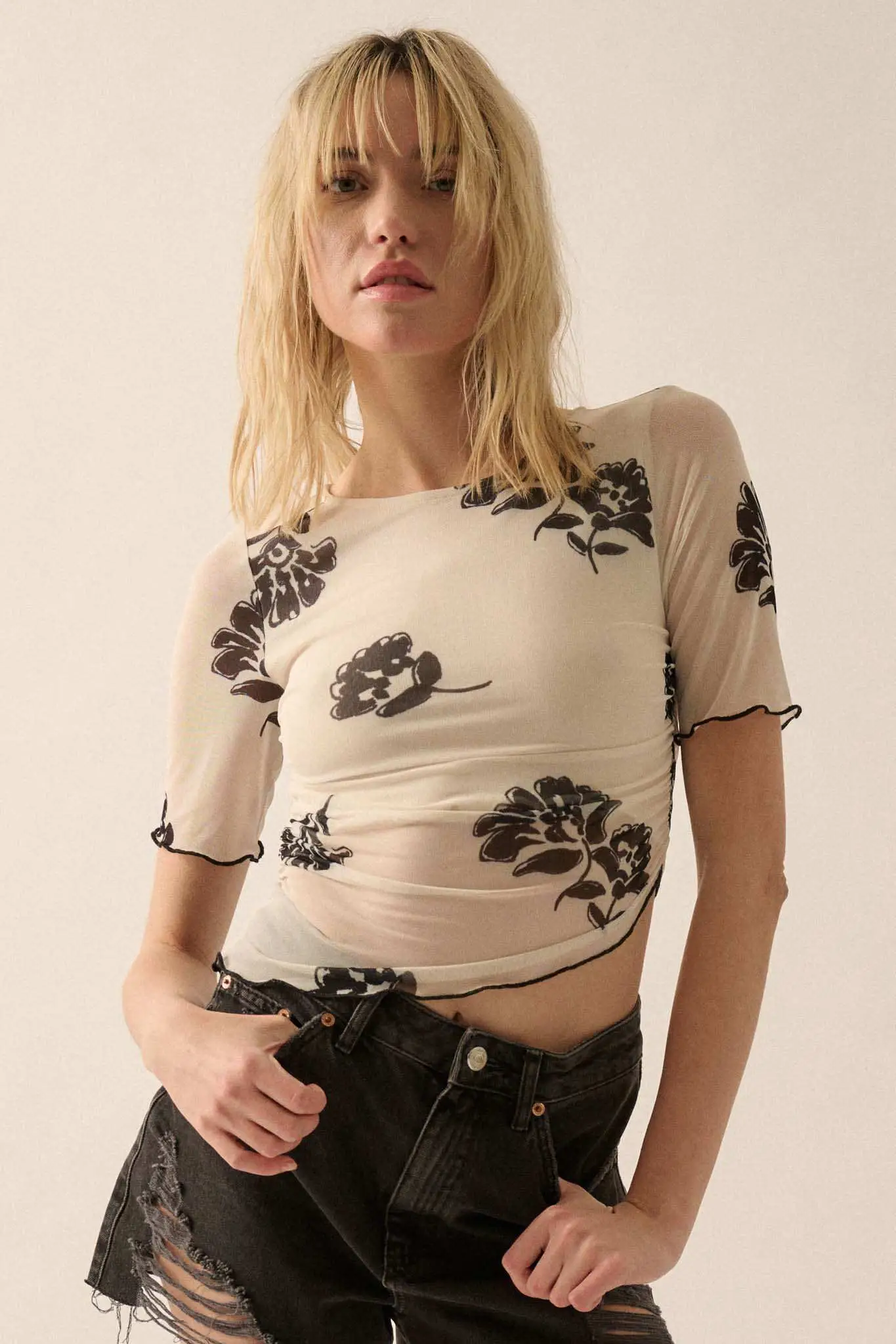 Deco Blooms Floral Mesh Cropped Asymmetrical Top - Image 3