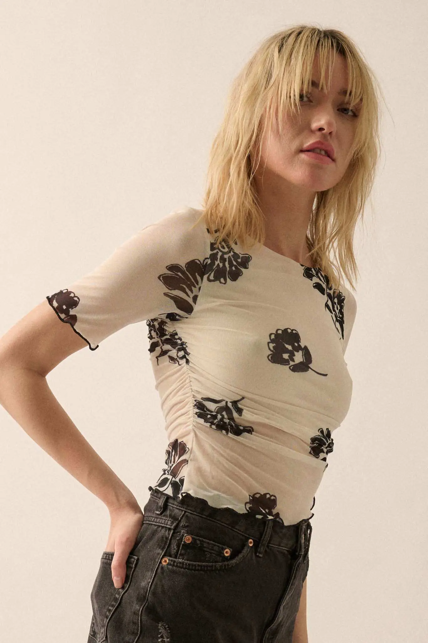 Deco Blooms Floral Mesh Cropped Asymmetrical Top - Image 7