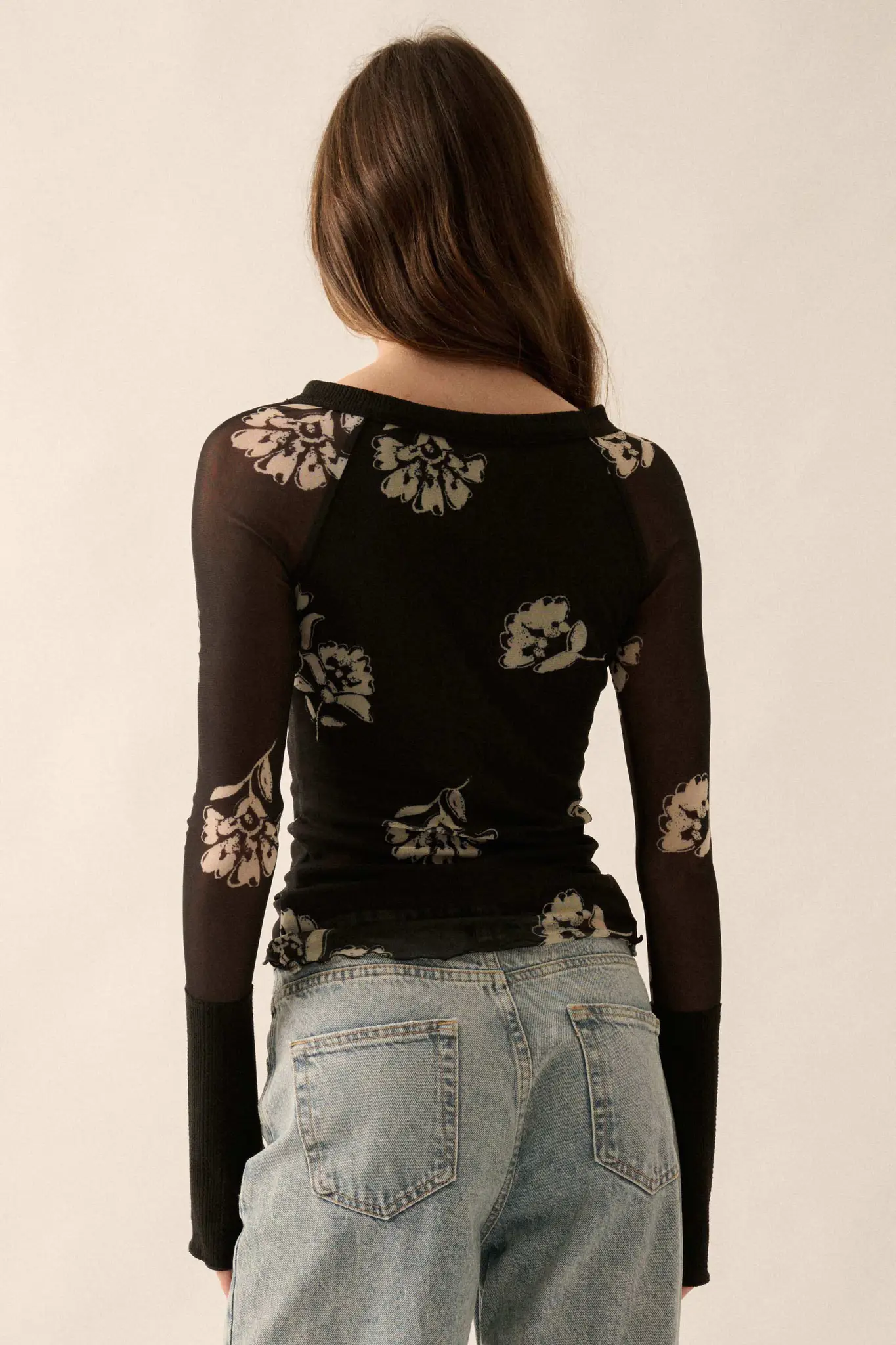 Deco Blossoms Floral Mesh Raglan Henley Top - Image 6