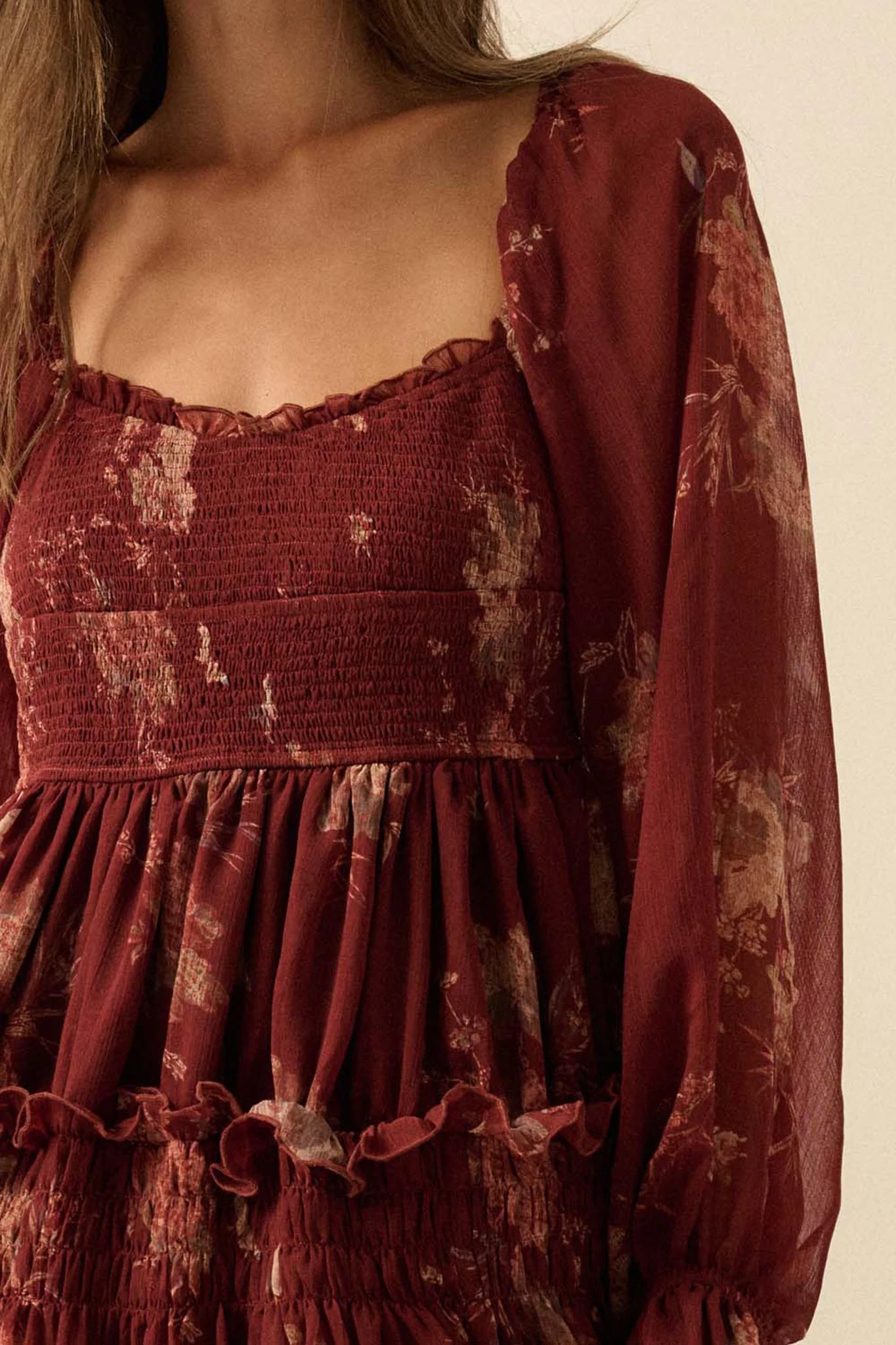 Delicate Blossoms Smocked Floral Chiffon Midi Dress - Image 5