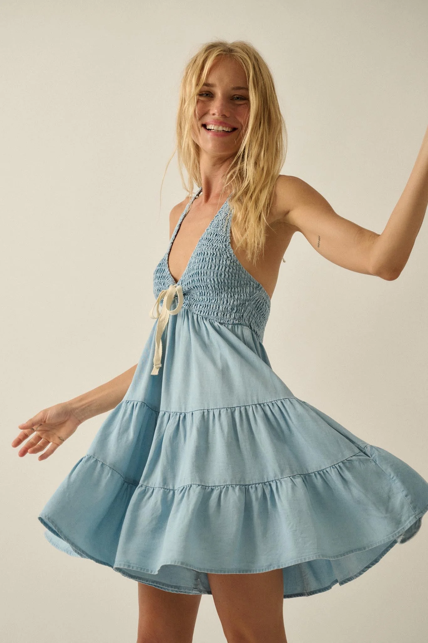 Denim Doll Smocked Tiered Halter Romper - Image 7