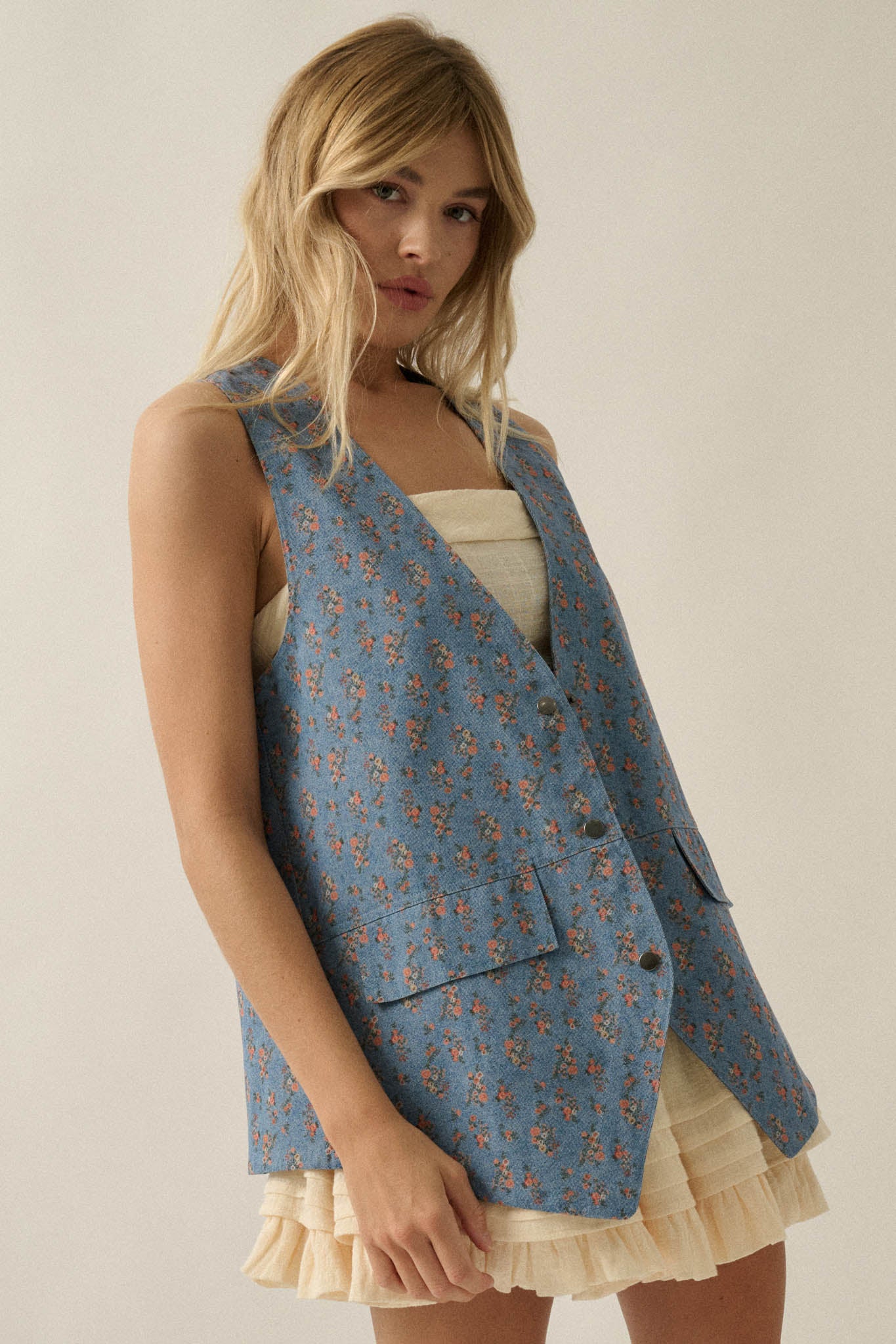Denim Petals Floral-Print Denim Snap-Front Vest - Image 4