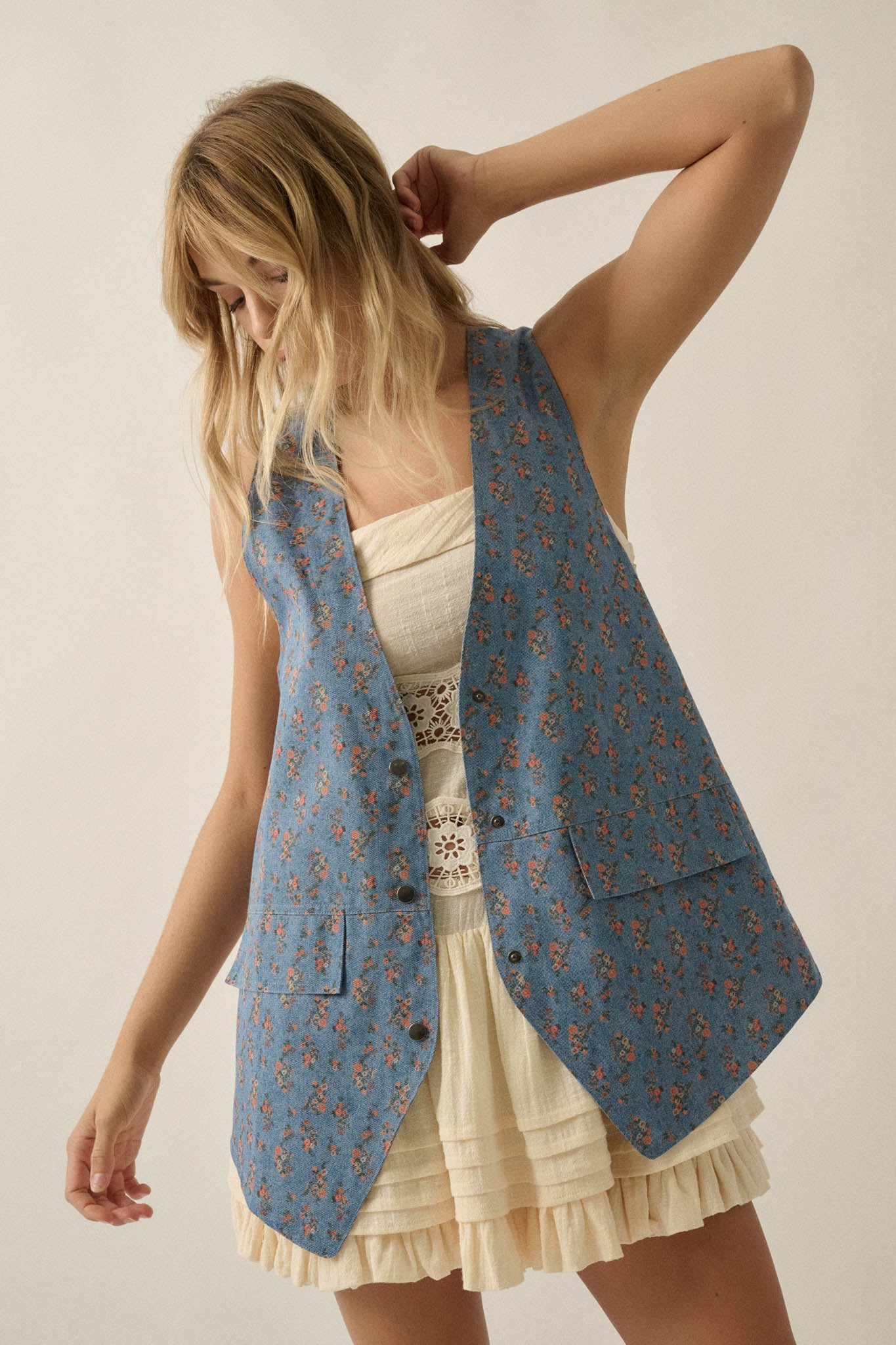 Denim Petals Floral-Print Denim Snap-Front Vest - Image 7