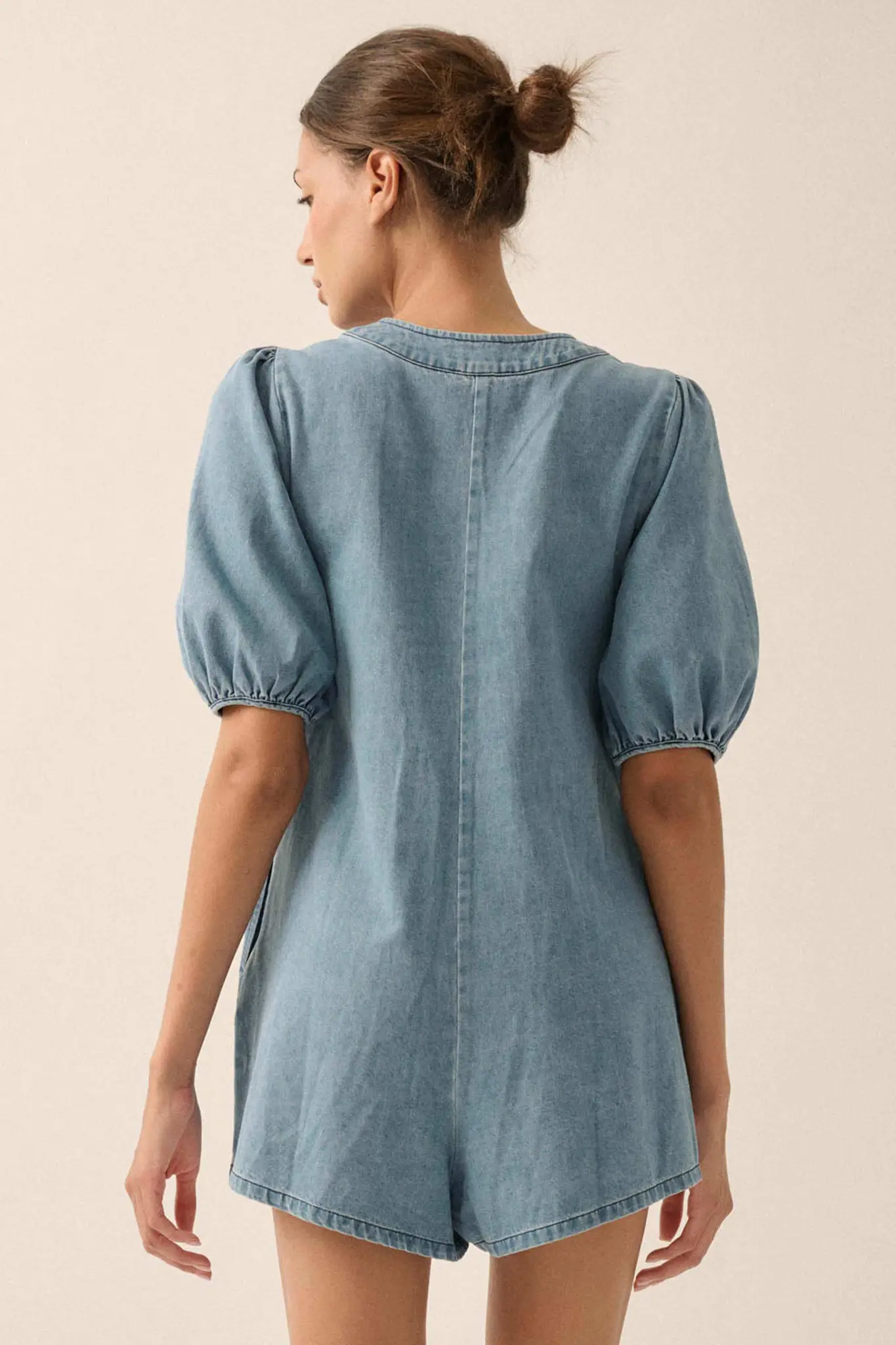 Denim Princess Pleated Puff-Sleeve Babydoll Romper - Image 2