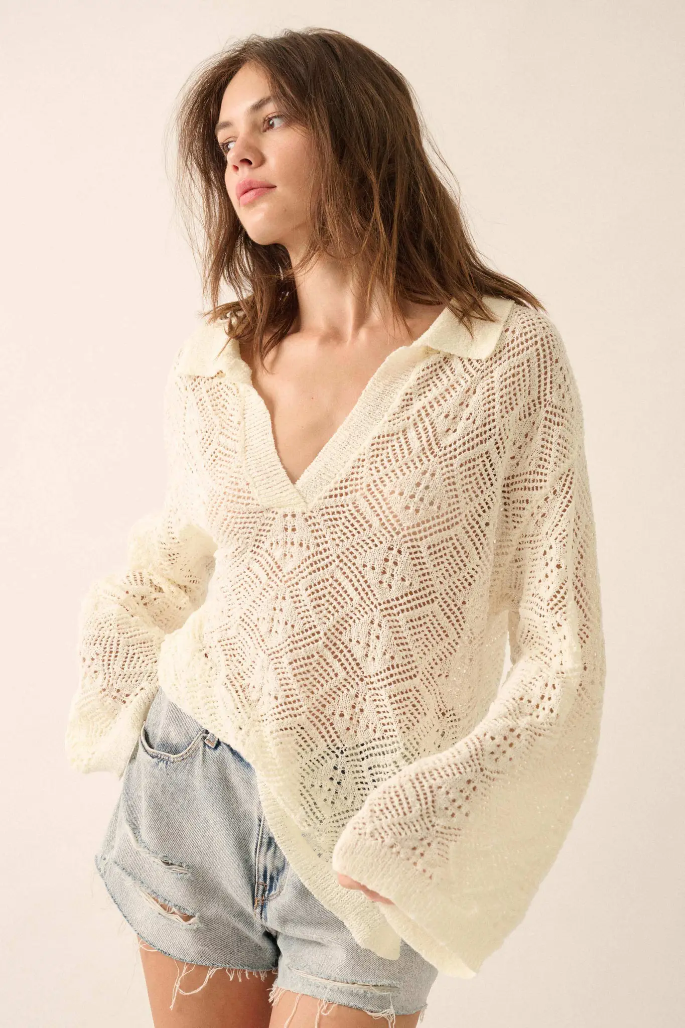 Diamond Dream Pointelle Crochet-Knit Polo Sweater - Image 4