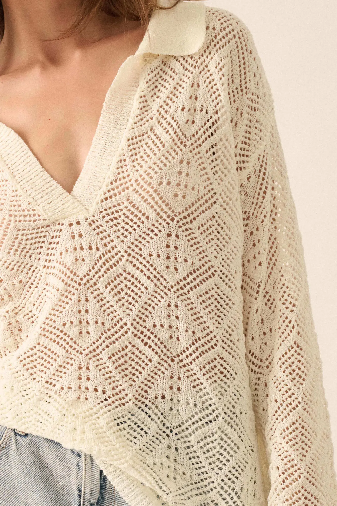 Diamond Dream Pointelle Crochet-Knit Polo Sweater - Image 5