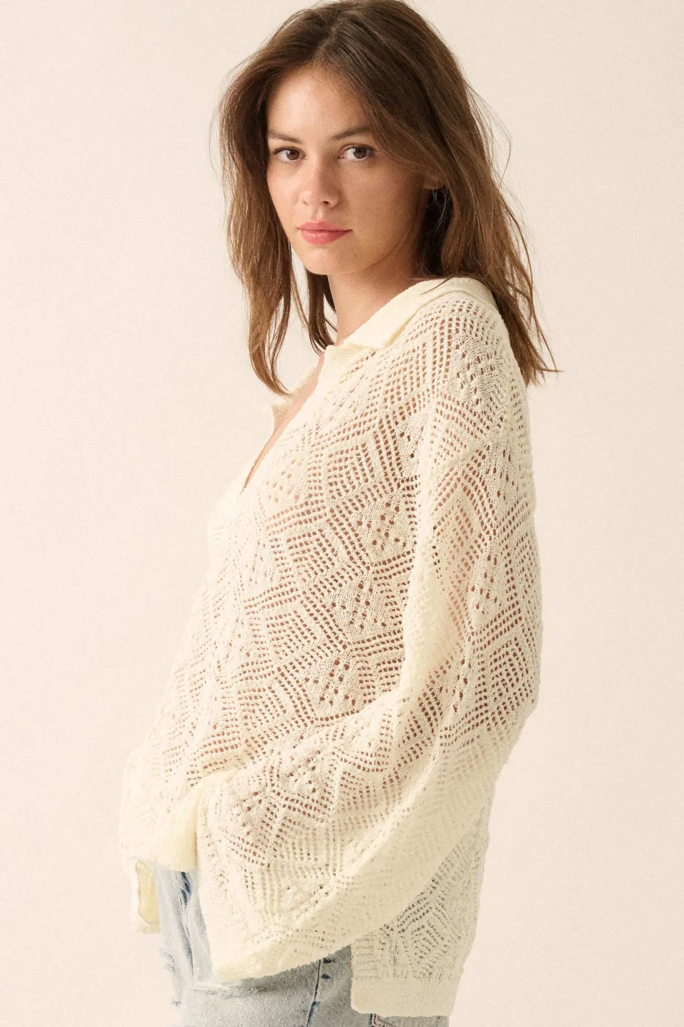 Diamond Dream Pointelle Crochet-Knit Polo Sweater - Image 8