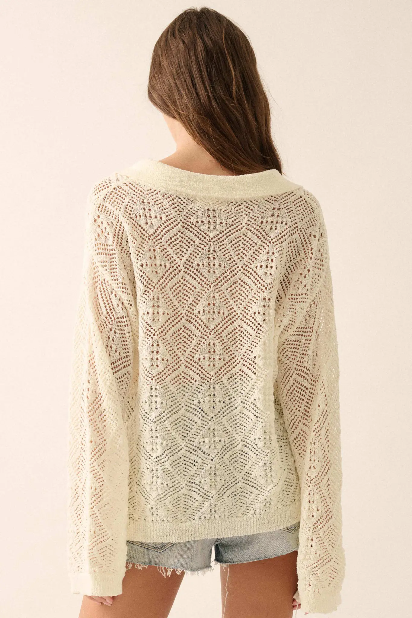Diamond Dream Pointelle Crochet-Knit Polo Sweater - Image 9