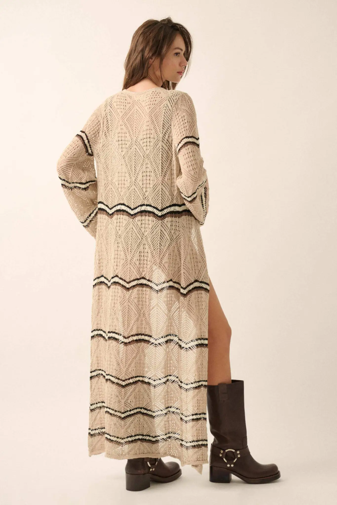 Diamond Drift Striped Crochet Duster Cardigan - Image 12