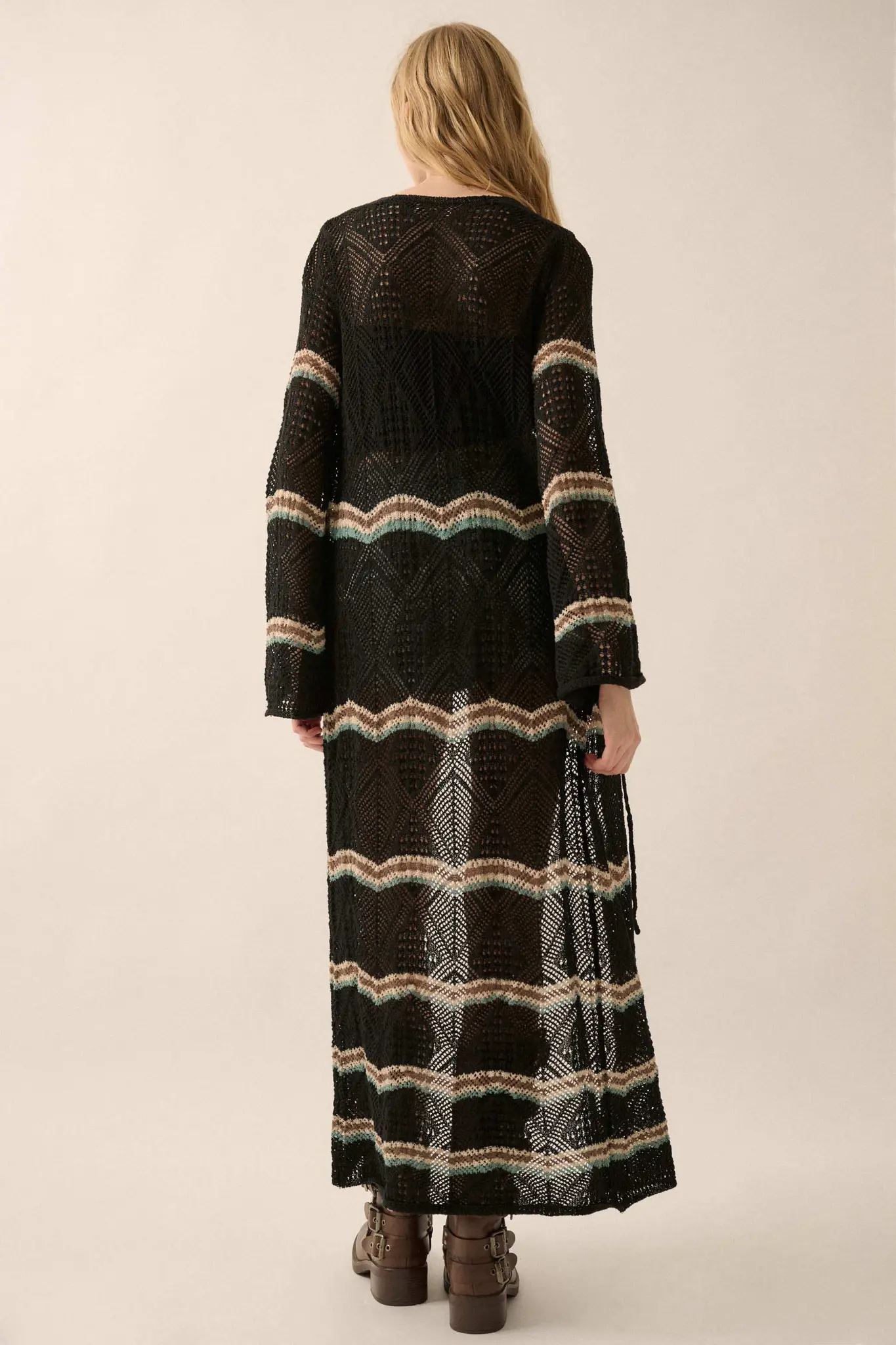 Diamond Drift Striped Crochet Duster Cardigan - Image 2