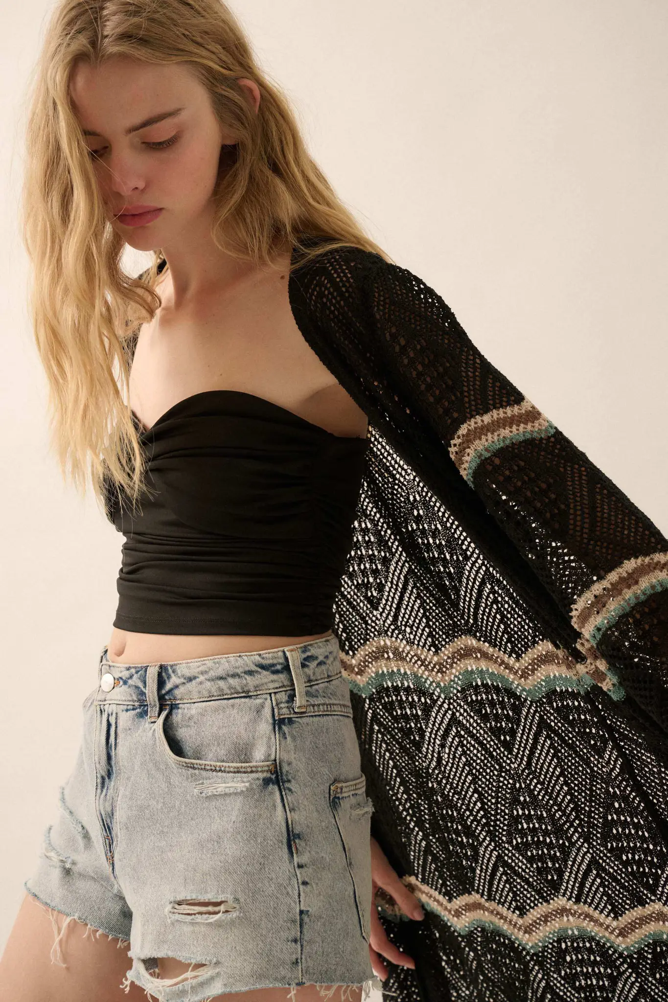 Diamond Drift Striped Crochet Duster Cardigan - Image 5