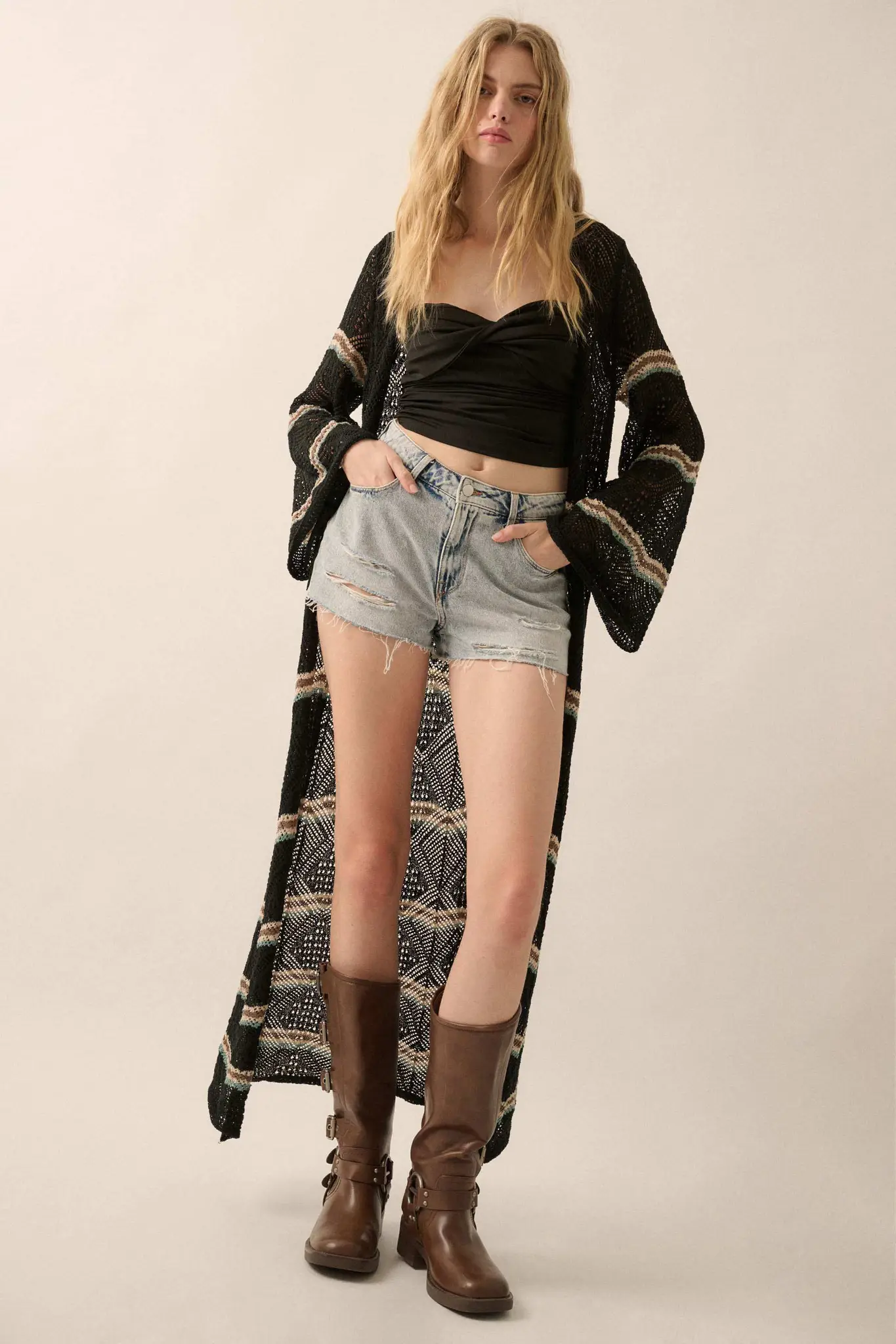 Diamond Drift Striped Crochet Duster Cardigan - Image 6