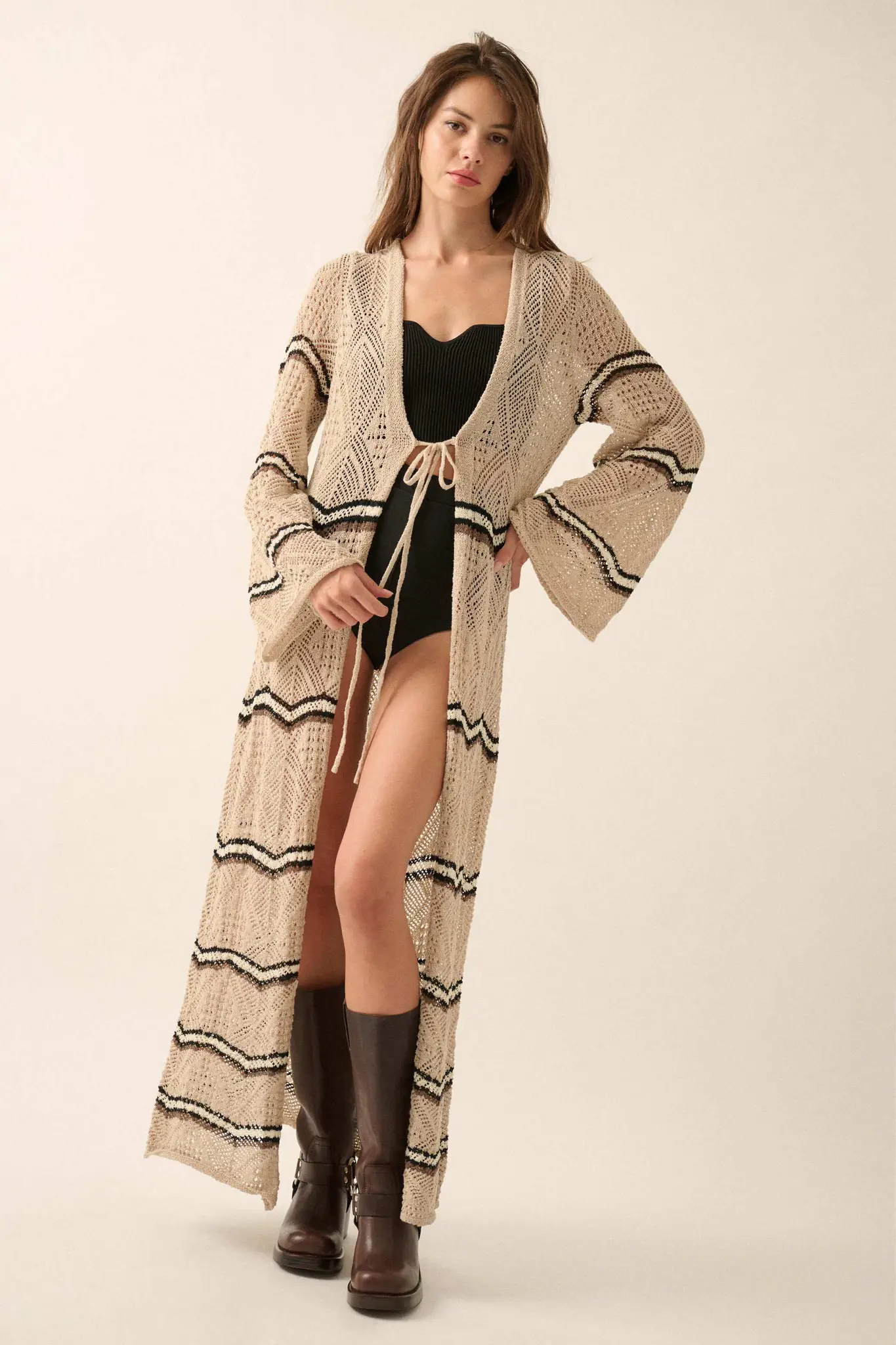 Diamond Drift Striped Crochet Duster Cardigan - Image 8