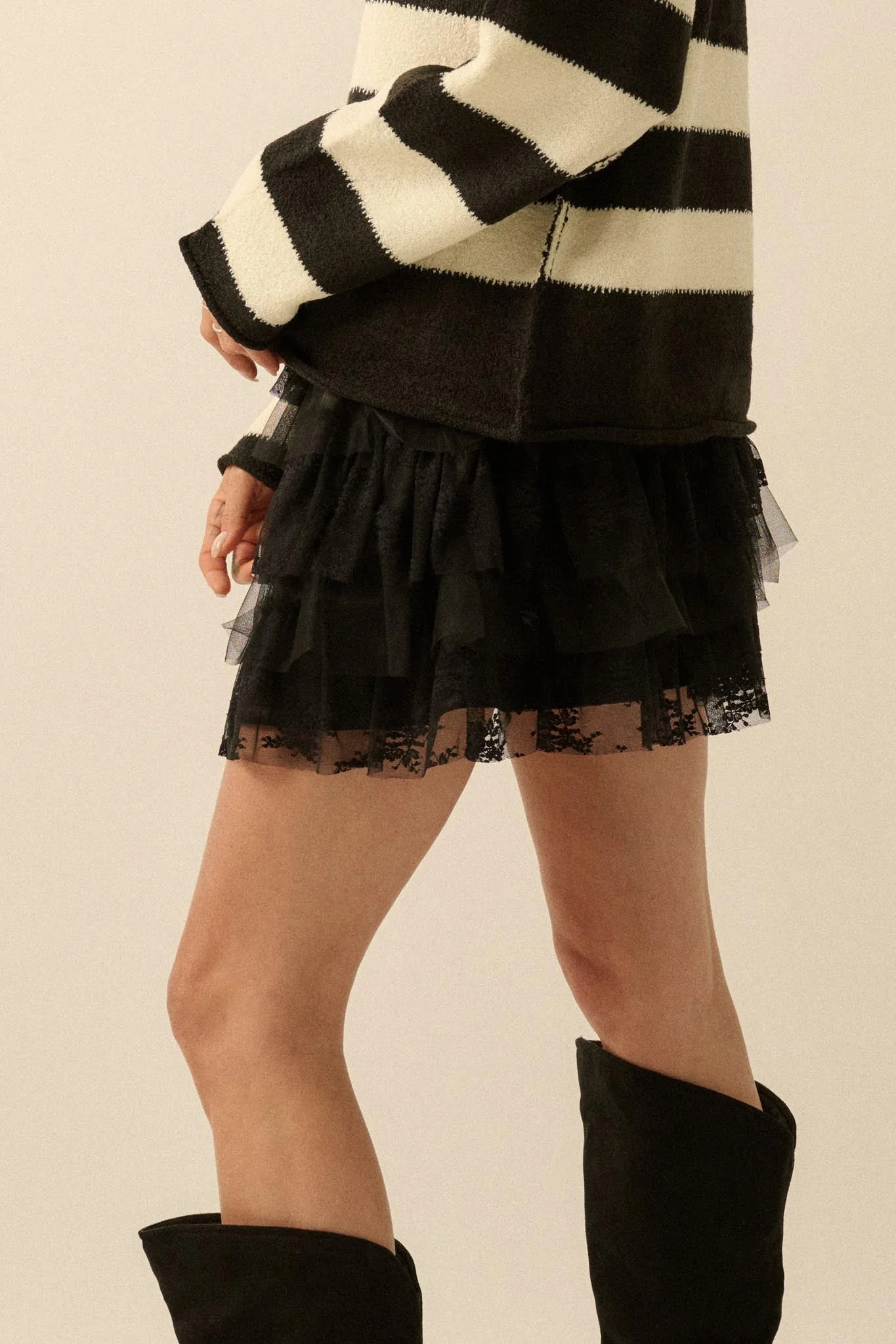 Dolled Up Lace and Mesh Tiered Ruffle Mini Skirt - Image 9