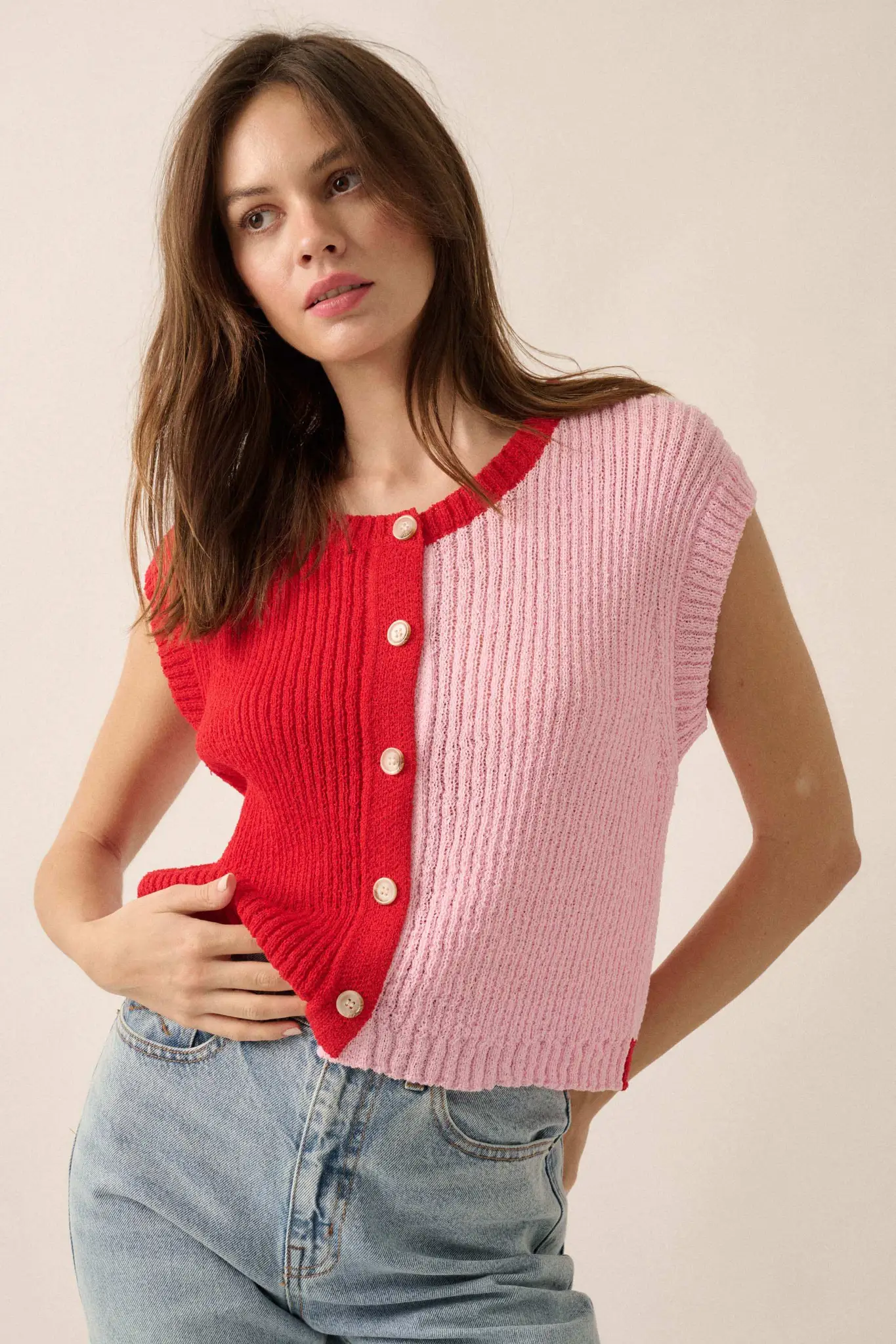 Double Date Colorblock Knit Buttoned Sweater Vest - Image 4