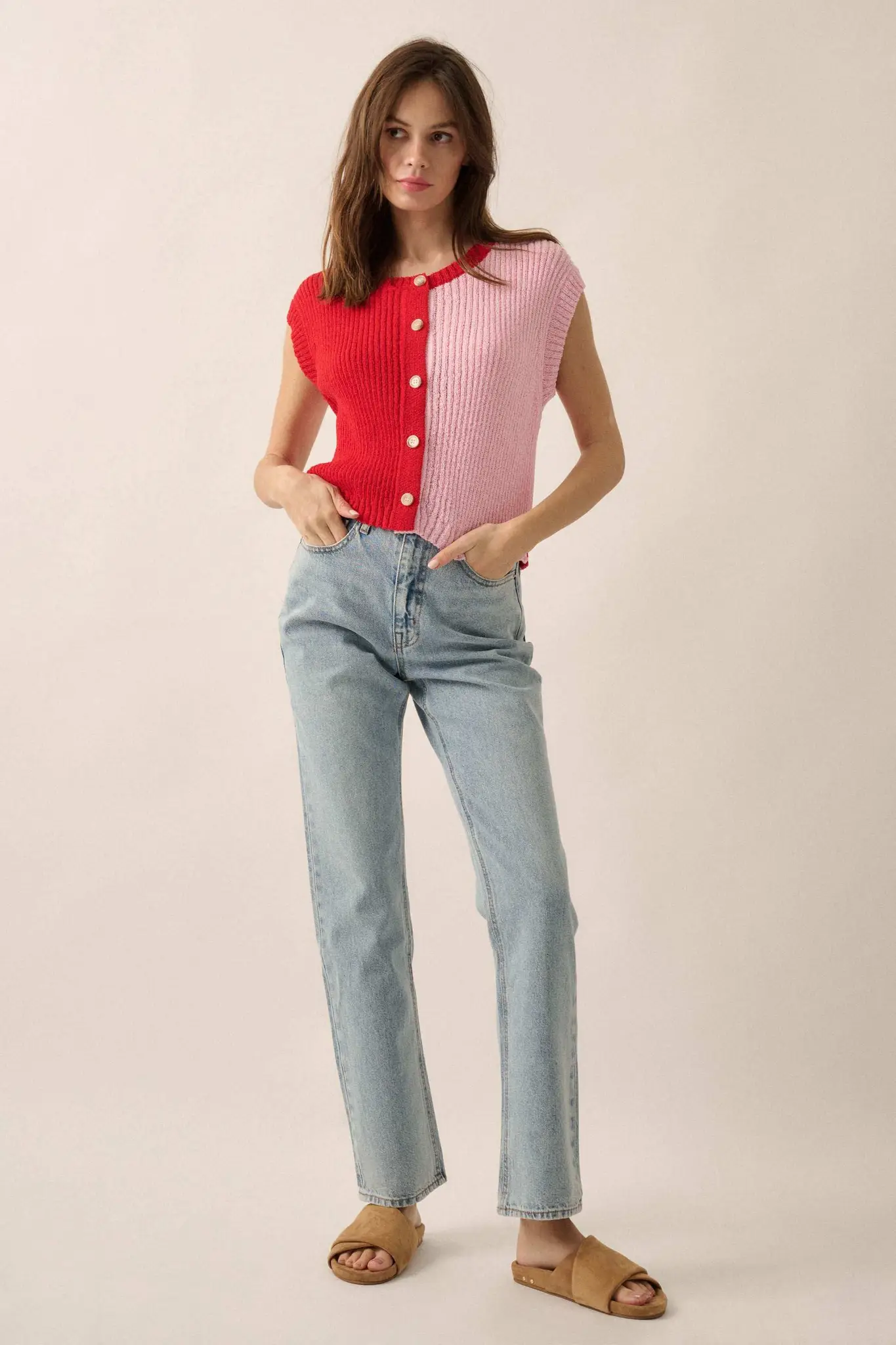 Double Date Colorblock Knit Buttoned Sweater Vest - Image 6