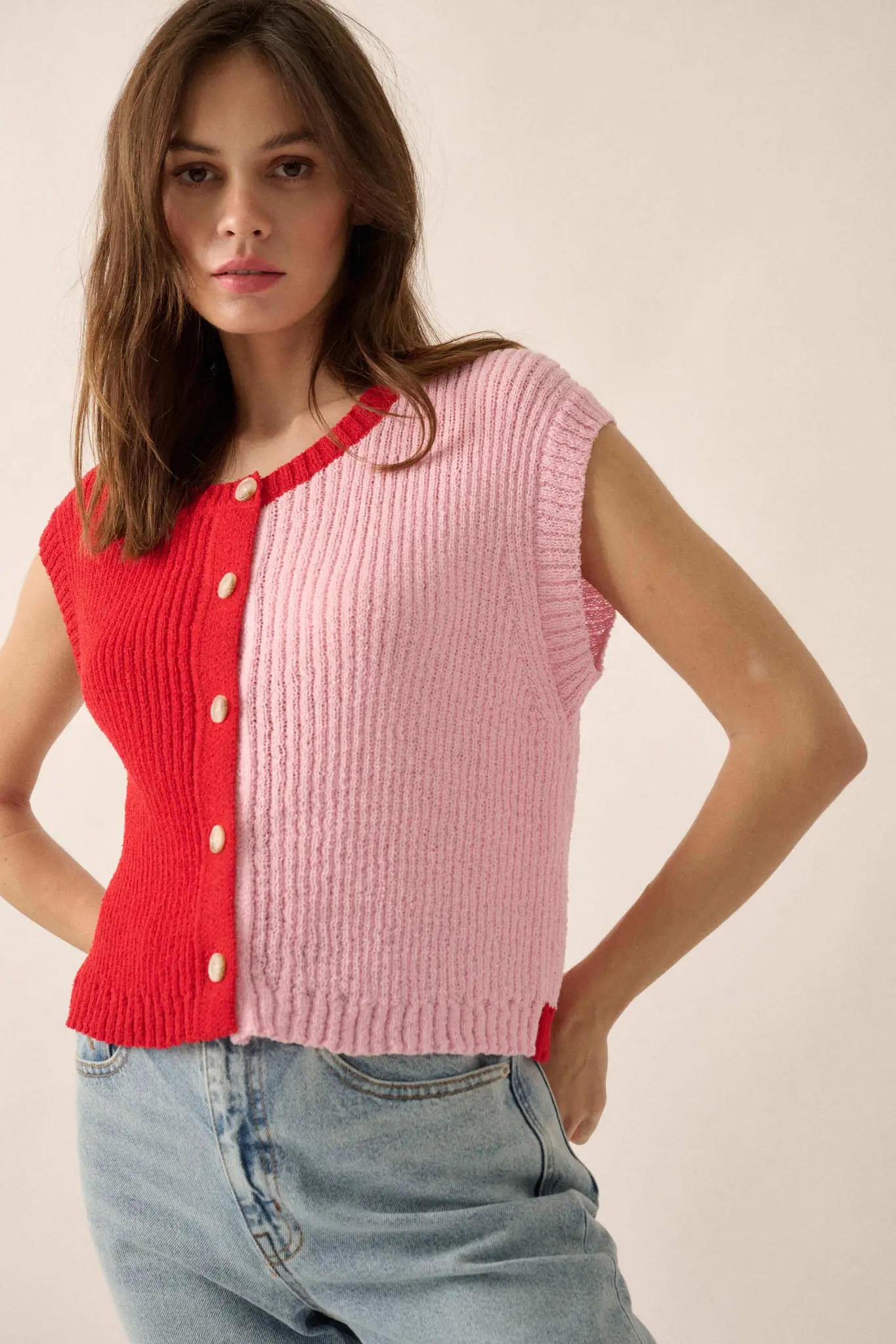 Double Date Colorblock Knit Buttoned Sweater Vest - Image 7