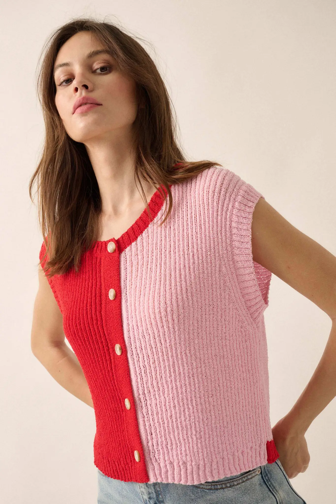 Double Date Colorblock Knit Buttoned Sweater Vest - Image 8