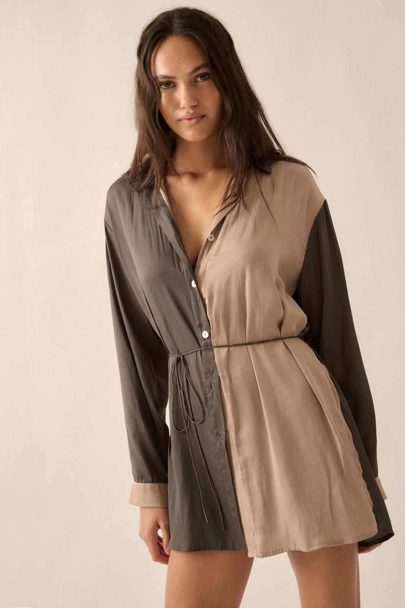 Double Shift Two-Tone Matte Satin Shirt Romper - Image 13