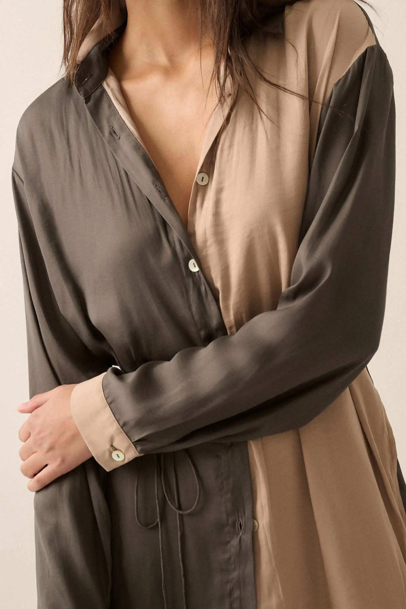 Double Shift Two-Tone Matte Satin Shirt Romper - Image 15