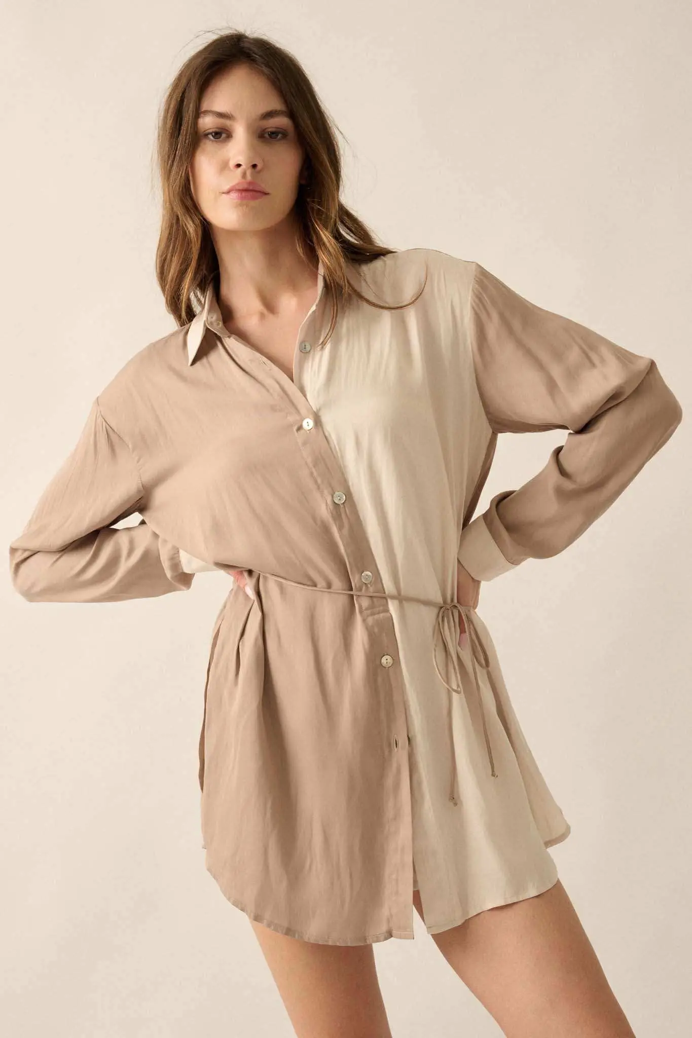 Double Shift Two-Tone Matte Satin Shirt Romper - Image 22