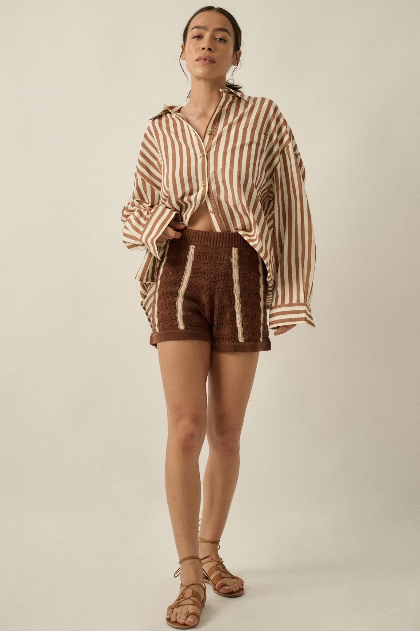 Down the Road Striped Crochet-Knit Sweater Shorts - Image 4