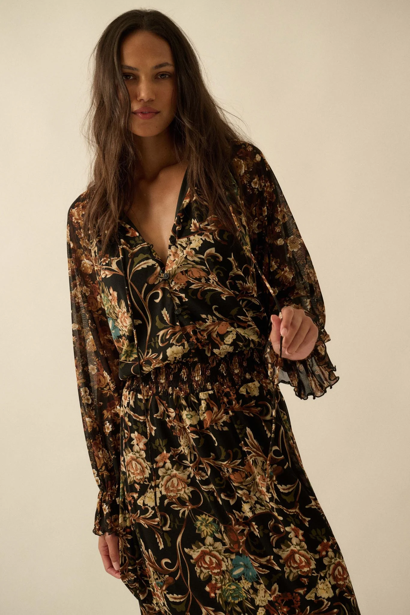 Dramatic Blooms Floral Mesh Buttoned Midi Dress - Image 3