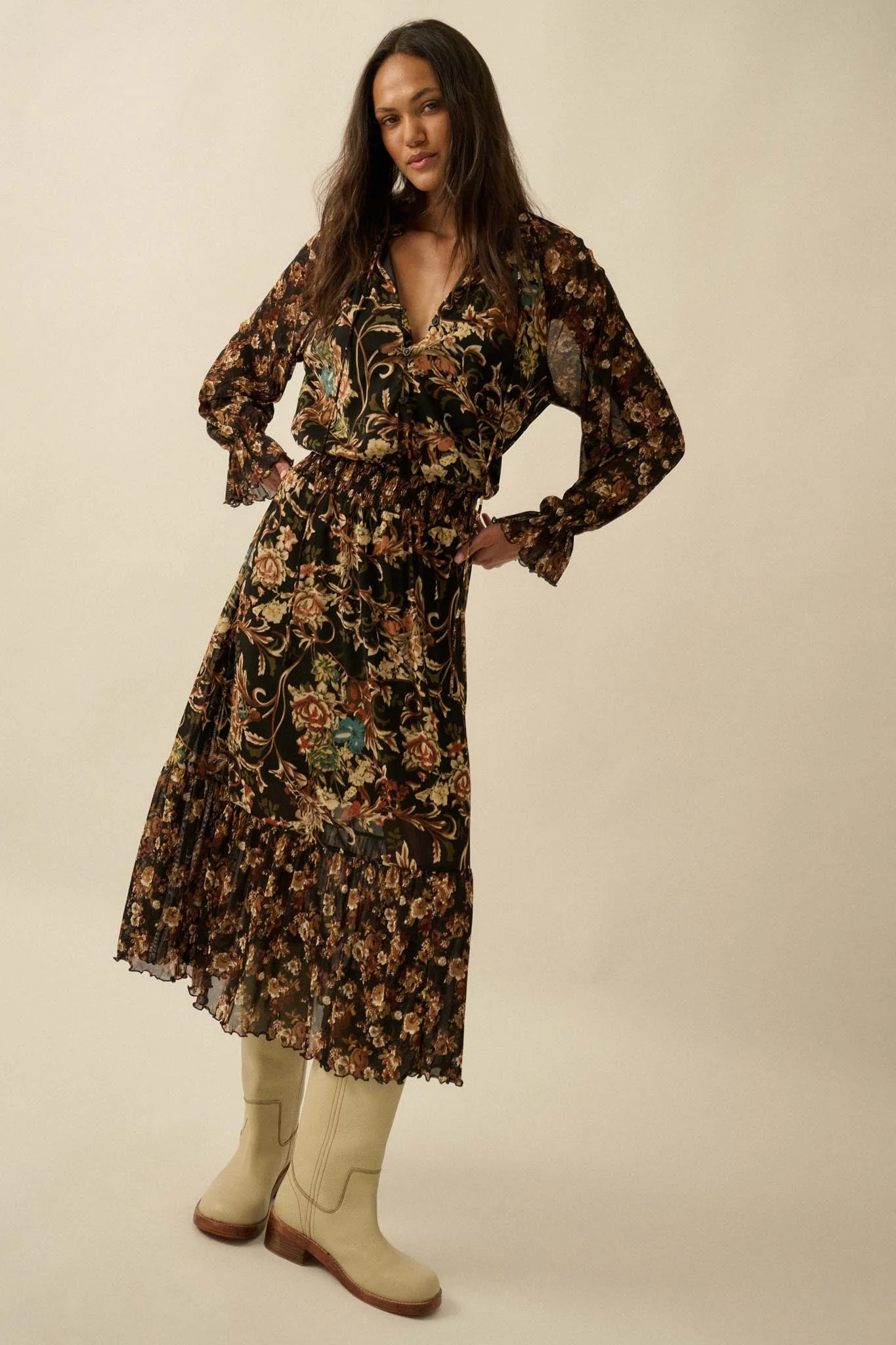 Dramatic Blooms Floral Mesh Buttoned Midi Dress - Image 4