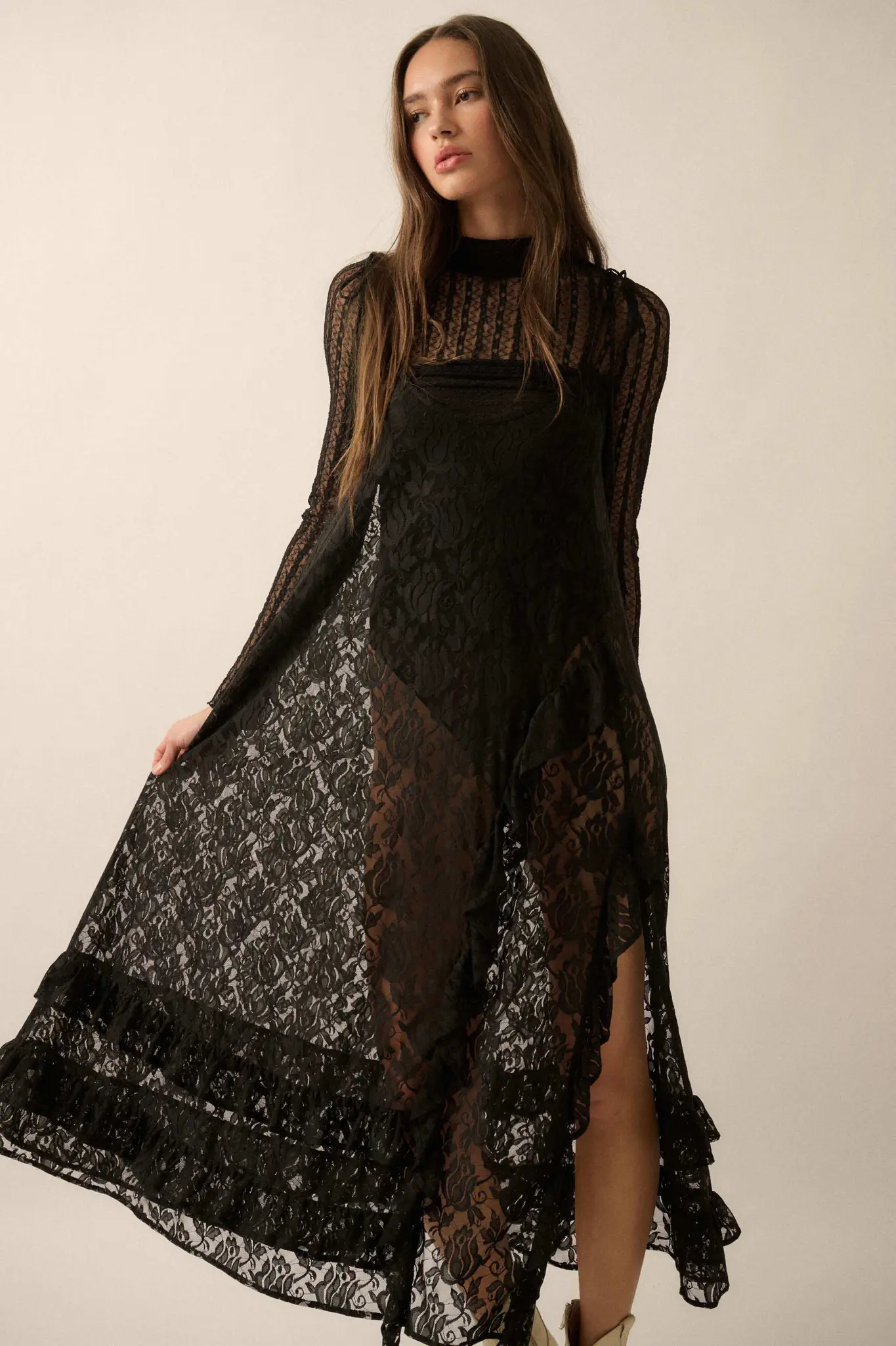 Dream of You Sheer Ruffled Floral Lace Midi Dress - Image 12