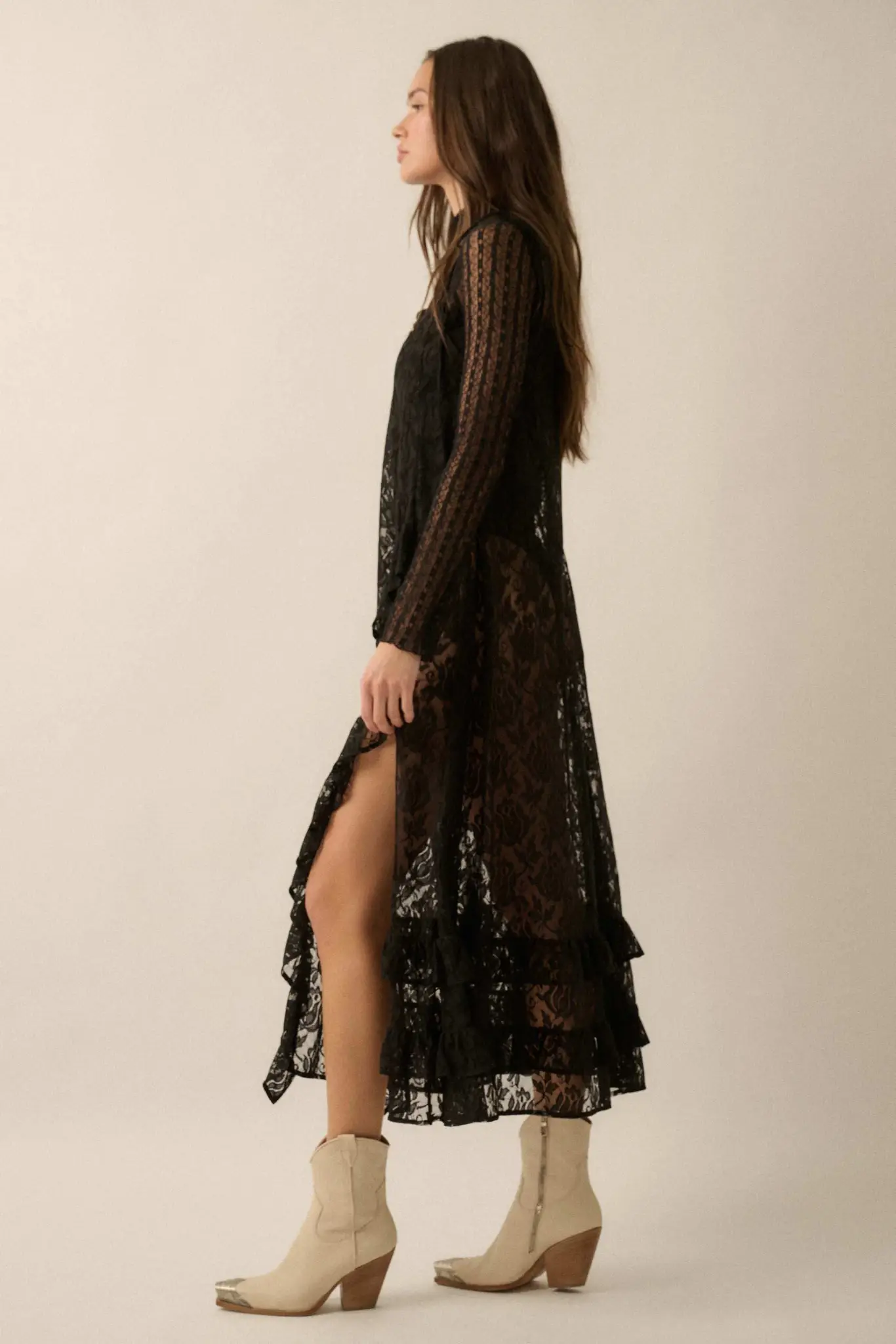 Dream of You Sheer Ruffled Floral Lace Midi Dress - Image 14