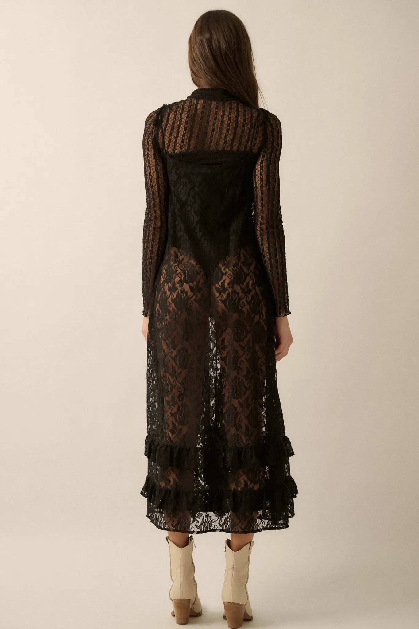 Dream of You Sheer Ruffled Floral Lace Midi Dress - Image 15