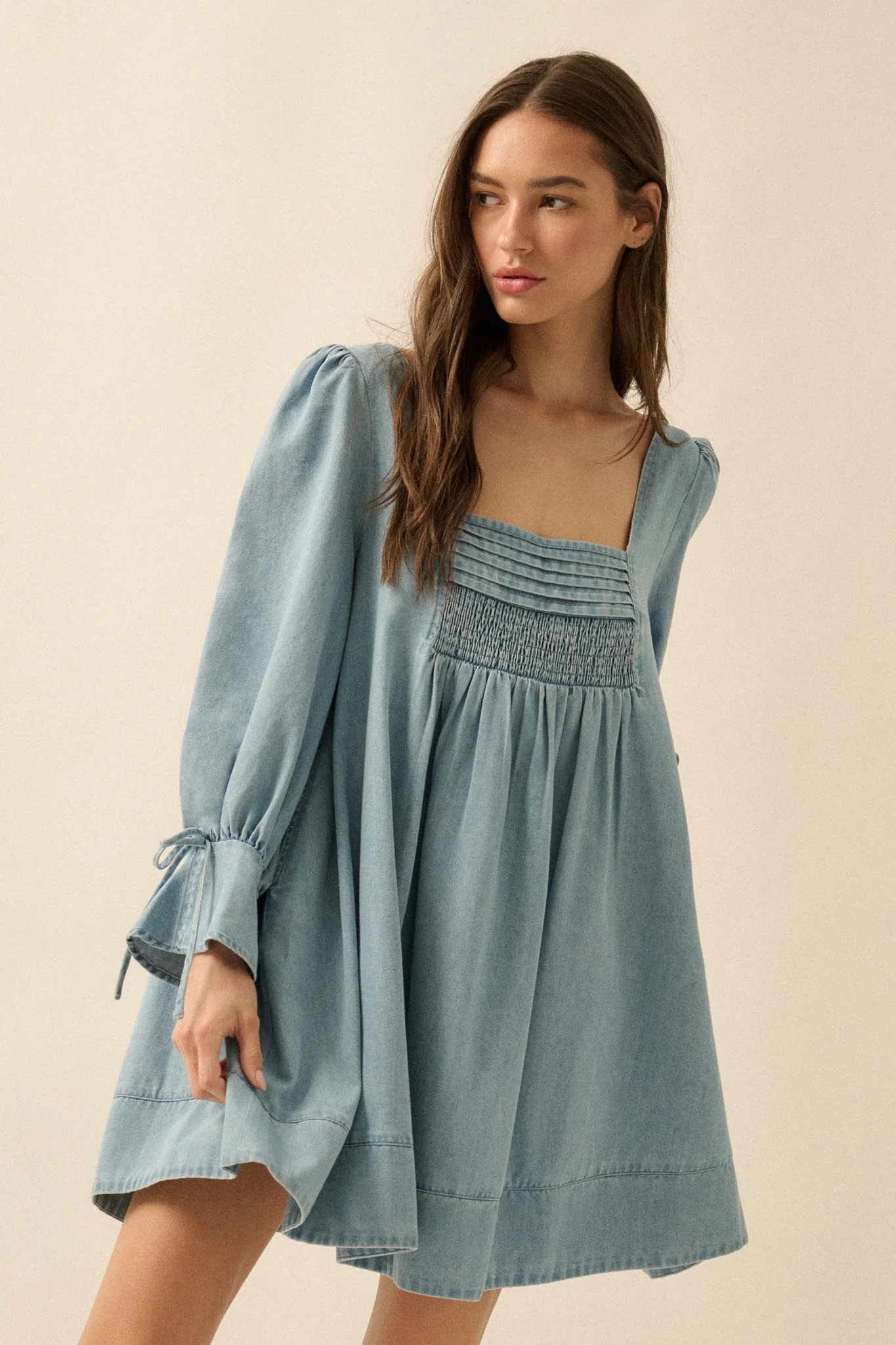 Dreaming in Denim Long-Sleeve Babydoll Mini Dress - Image 5