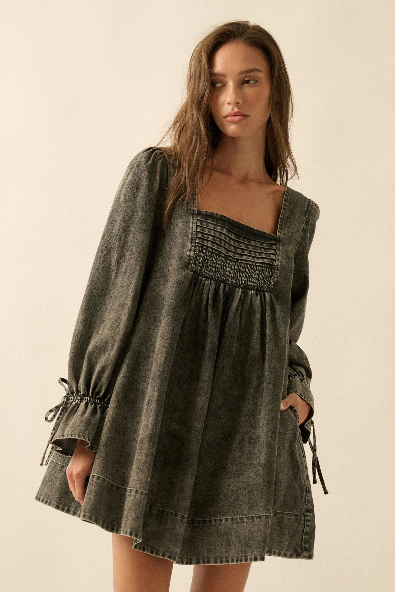 Dreaming in Denim Long-Sleeve Babydoll Mini Dress - Image 7