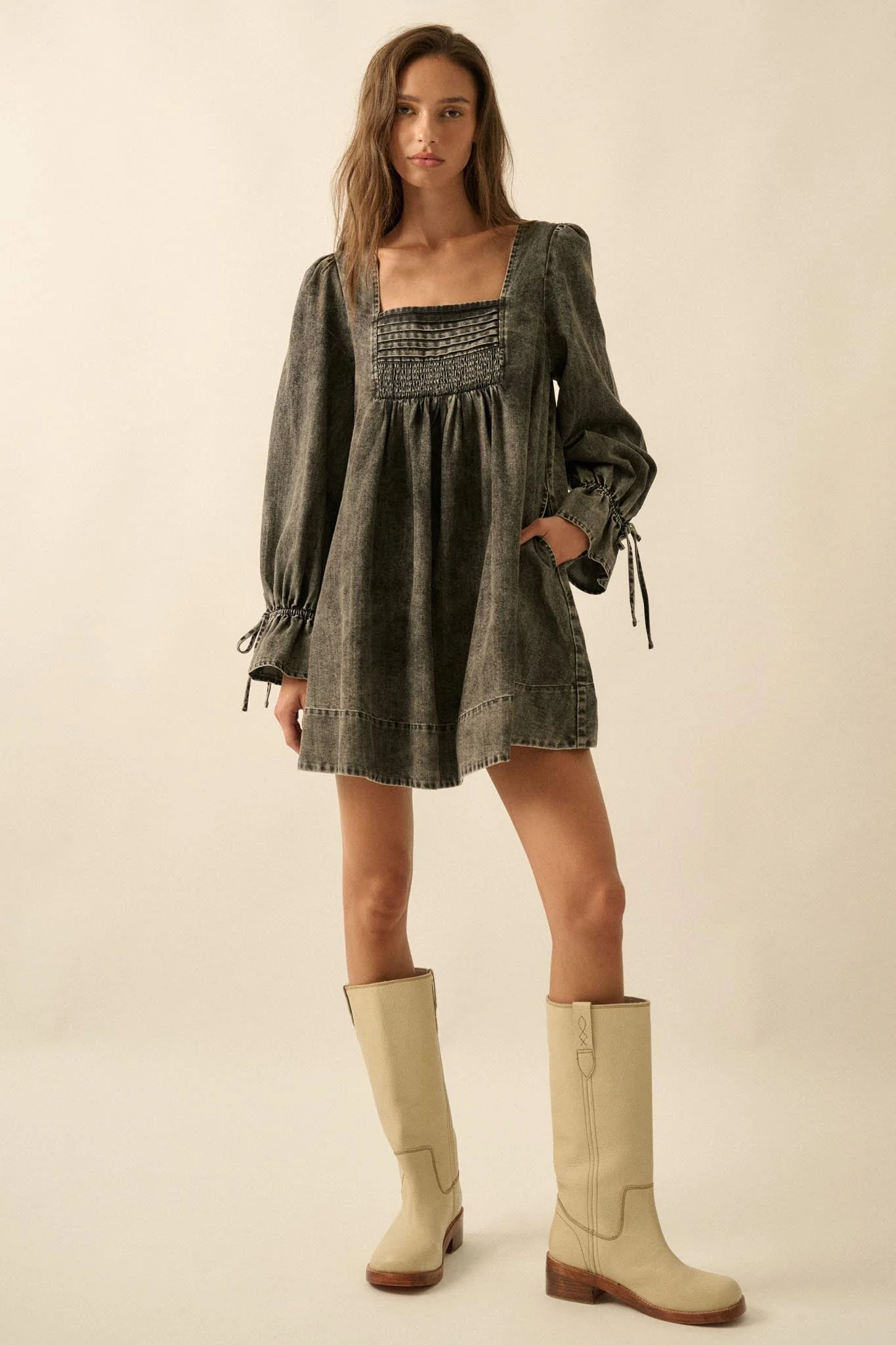 Dreaming in Denim Long-Sleeve Babydoll Mini Dress - Image 9